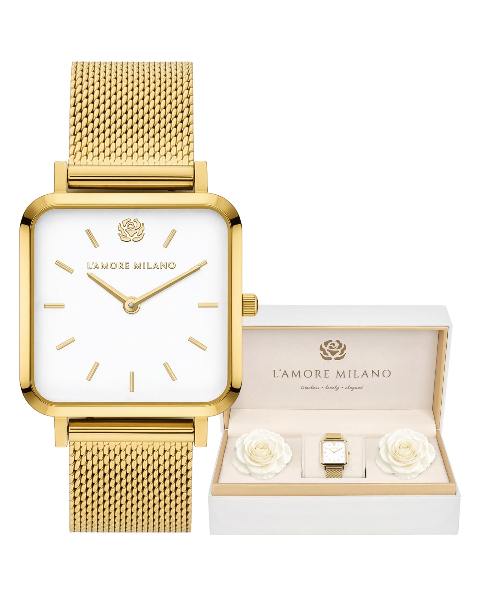 L'AMORE MILANO Damenuhr Rosenbox - Hochwertige Armbanduhr Edelstahl mit luxuriösem eckigem Design, wasserdicht 3 ATM - Edles Geschenk für Frauen, Freundin, Mutter - 28mm quadratische Damen Uhr Mesh