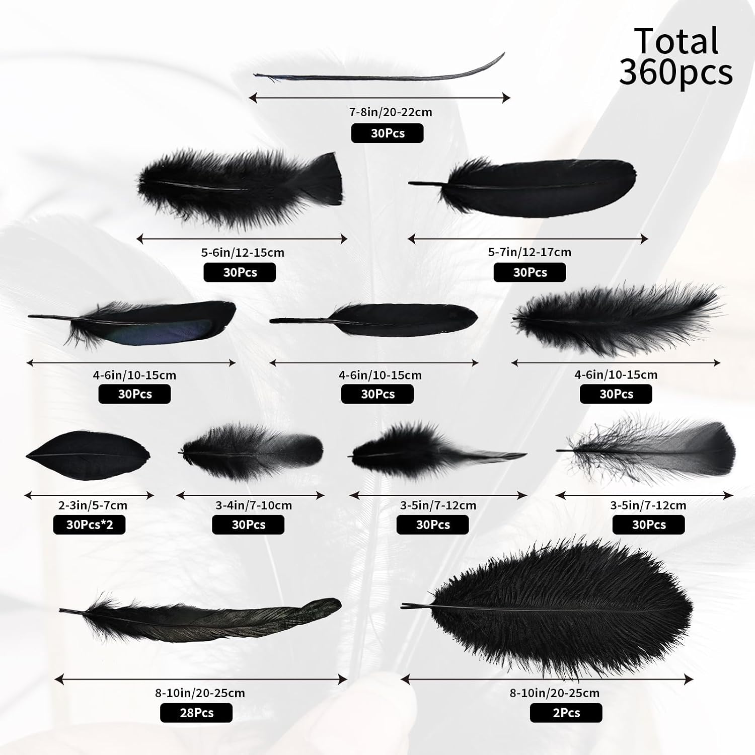 360 PCS Black Feathers for Crafts 12 Style Mixed Craft Feathers Bulk