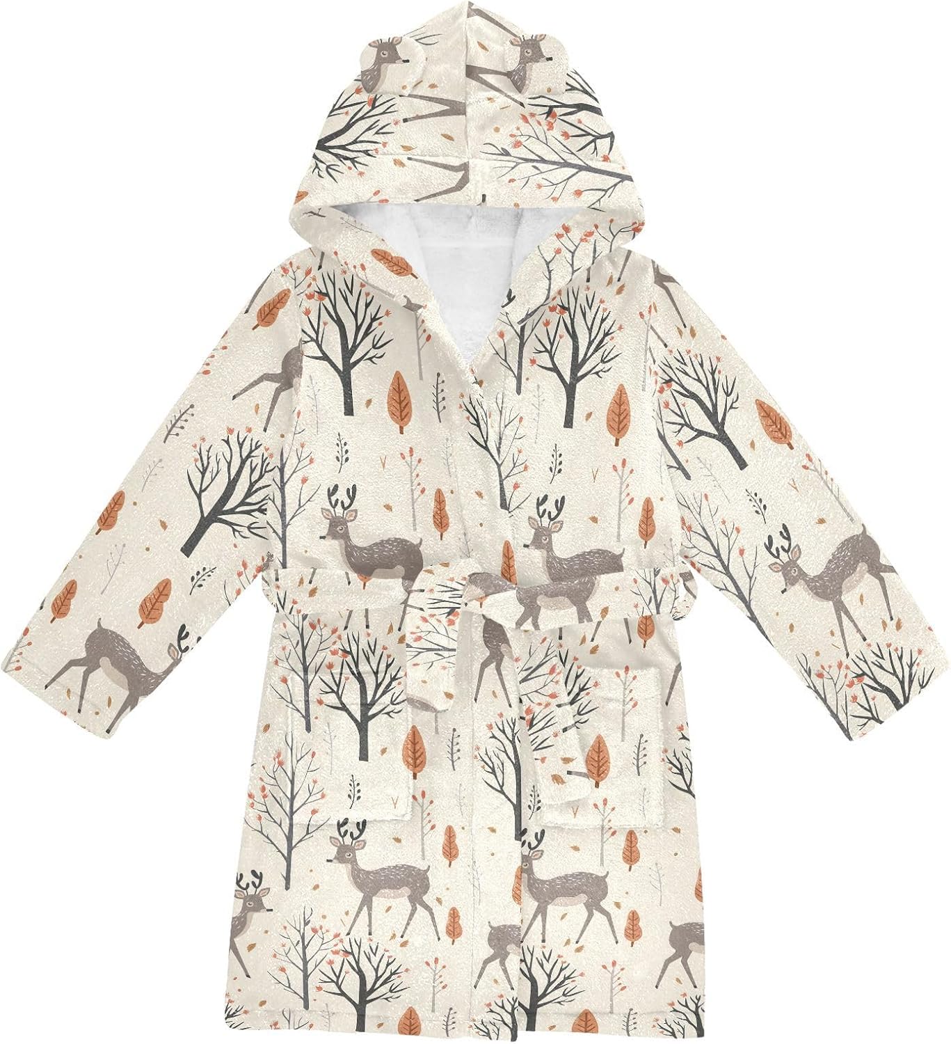 senya Deer with Tree Toddler Hooded Bathrobe Kids Soft Plush Bath Towel Robes for Boys Girls 2-12 Years
