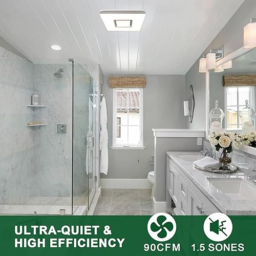 Miniatura 10 de Akicon Ventilador de escape, 90 CFM, 1.5 Sones - Combo de luz LED regulable de 15 W, luz LED 3CCT regulable con luz nocturna de 5 W, ventilador de