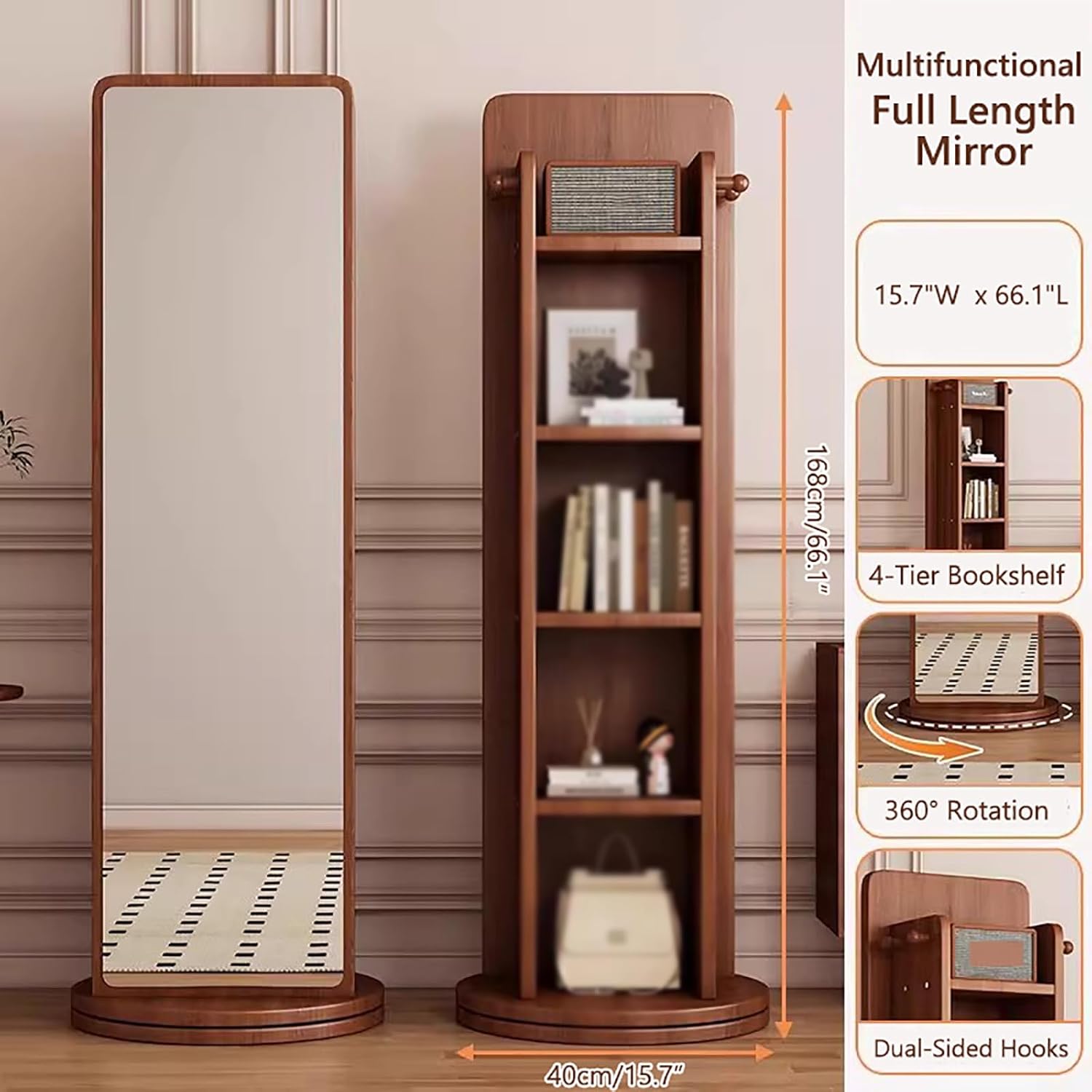 360° Rotating Full-Length Mirror with Bookcase,66“x16” Floor Mirror with Hangers, Solid Wood Coat Rack for Living Room Bedroom Entryway(15.7" W x 66.1" L, White)
