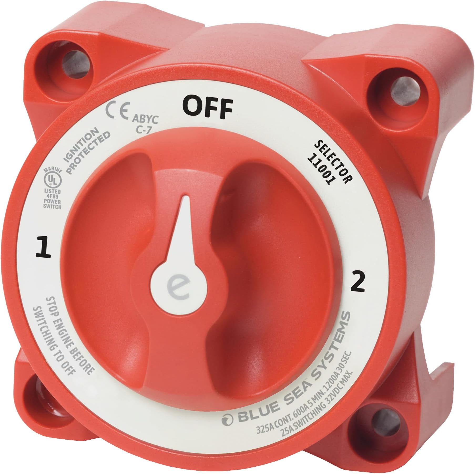 e-Series Battery Switch 3 Position with Alternator Field Disconnect, 32V DC, 325A, Red, 11001