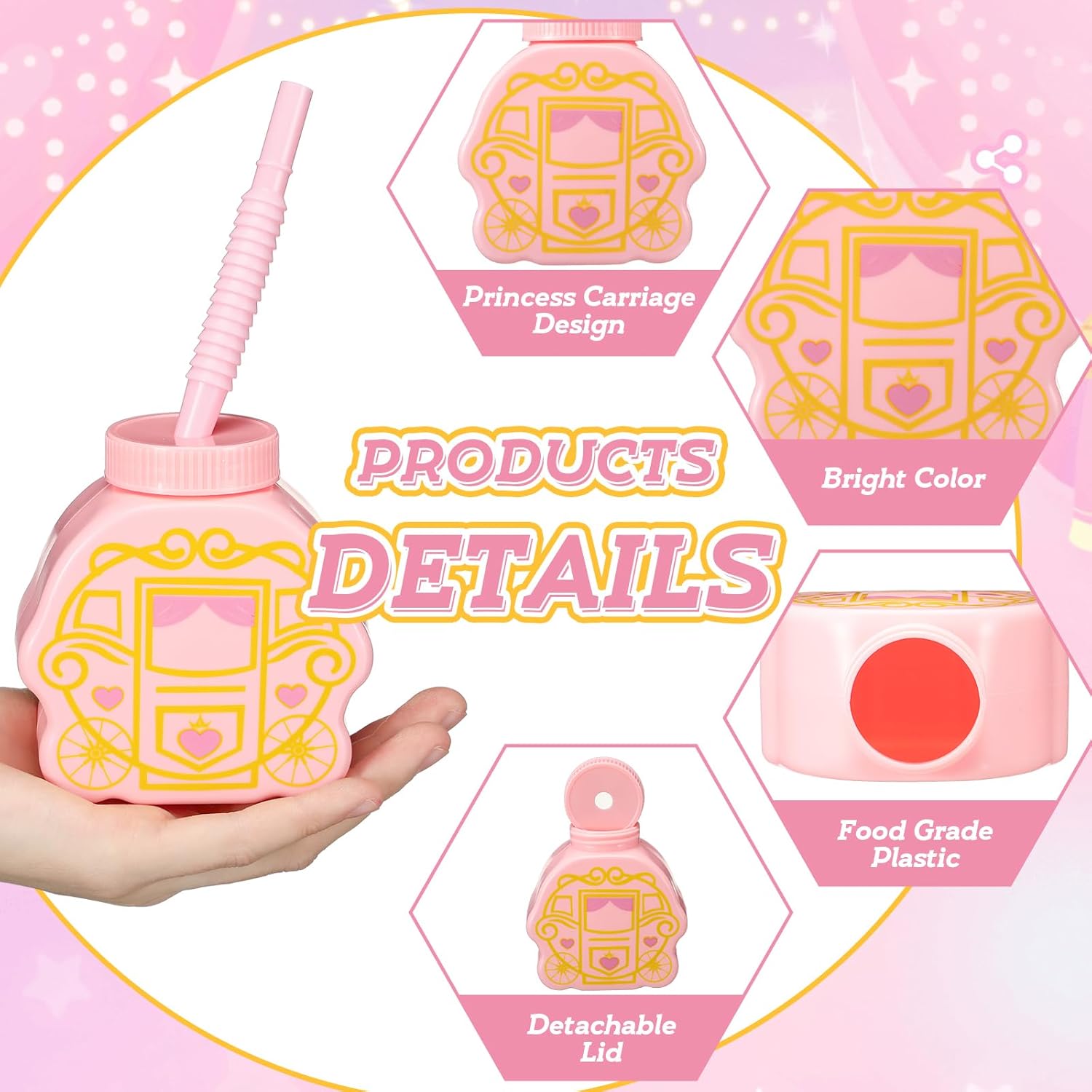 12 Set Princess Carriage Cups with Straws and Lids, Pink Princess Birthday Party Supplies 10 oz Plastic Reusable Carriage Cups for Girl Themed Birthday Party Favor