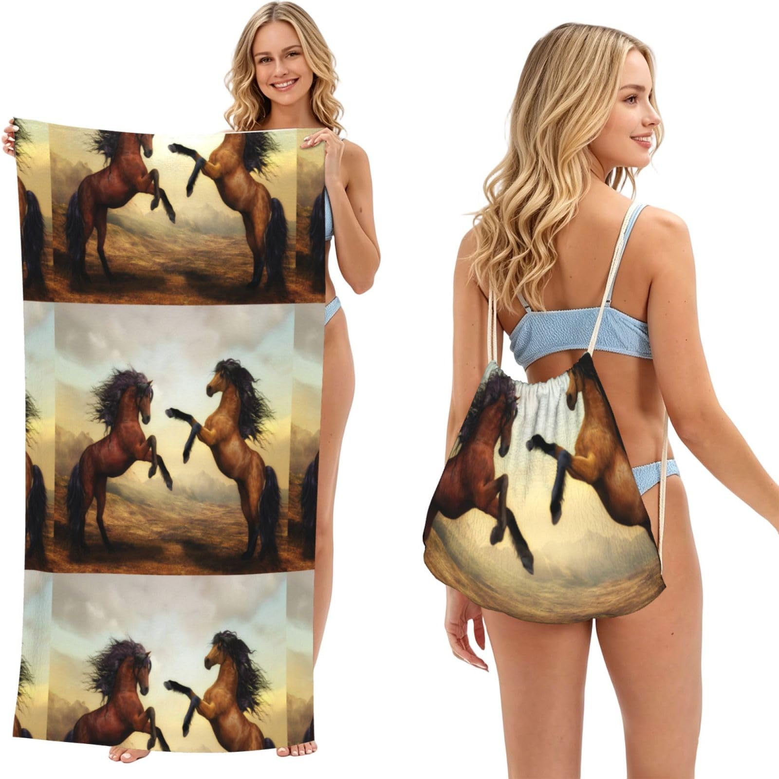 Poadnly As Picture Jumping Horse Printed, 2 In 1 Packable Towel Bag, Beach Towels With Drawstring Backpack For Travel Holiday Camping