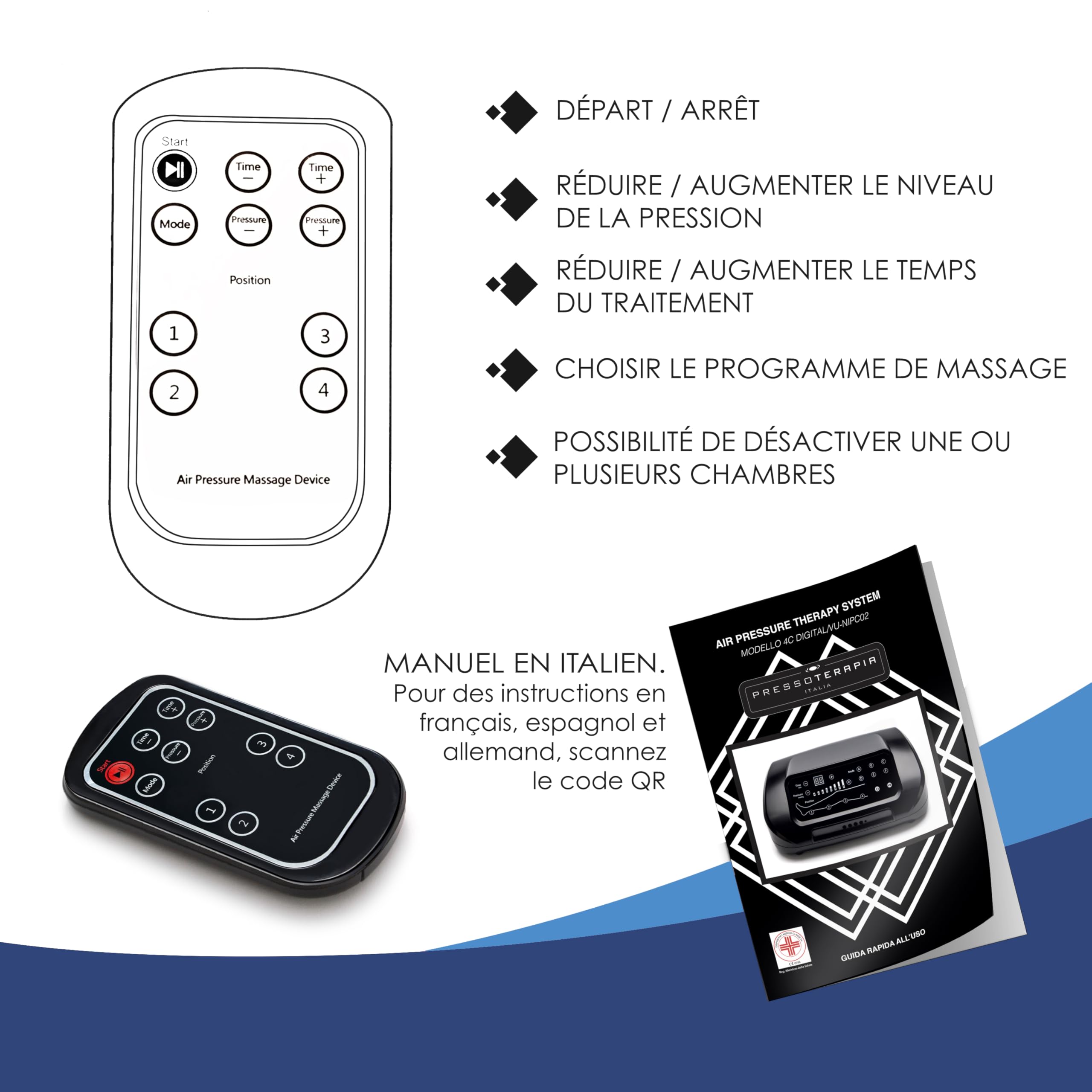 DinamicaMed® PRO 4.0 Classic Pressothérapie – Appareil de drainage lymphatique avec 6 programmes, 4 chambres à air, Bottes XL et Ceinture abdominale, utilisation à domicile