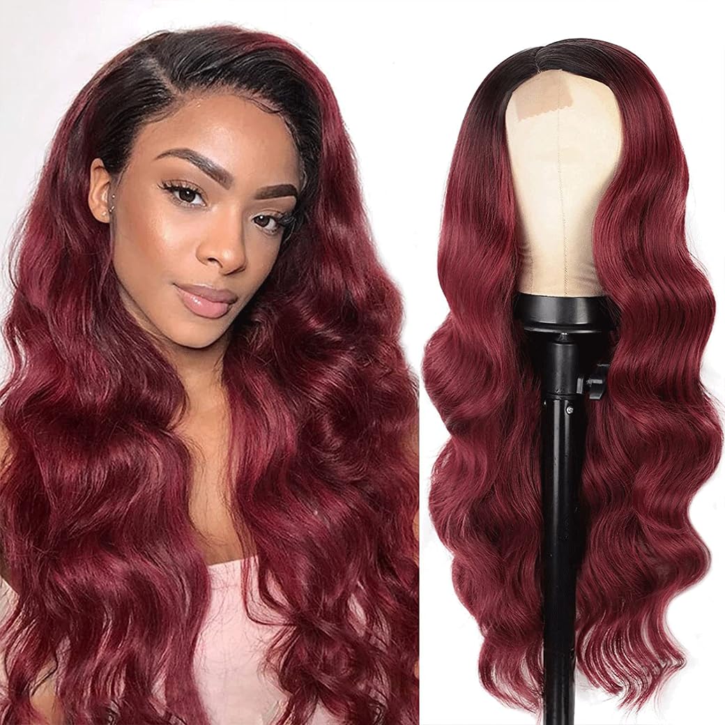 ASVNRES Lace Front Wigs Synthetic Artificial Human Hair Pre-Plucked Glueless Body Wave Frontal Wigs, Wine Red HD Transparent Lace Wigs High-Density