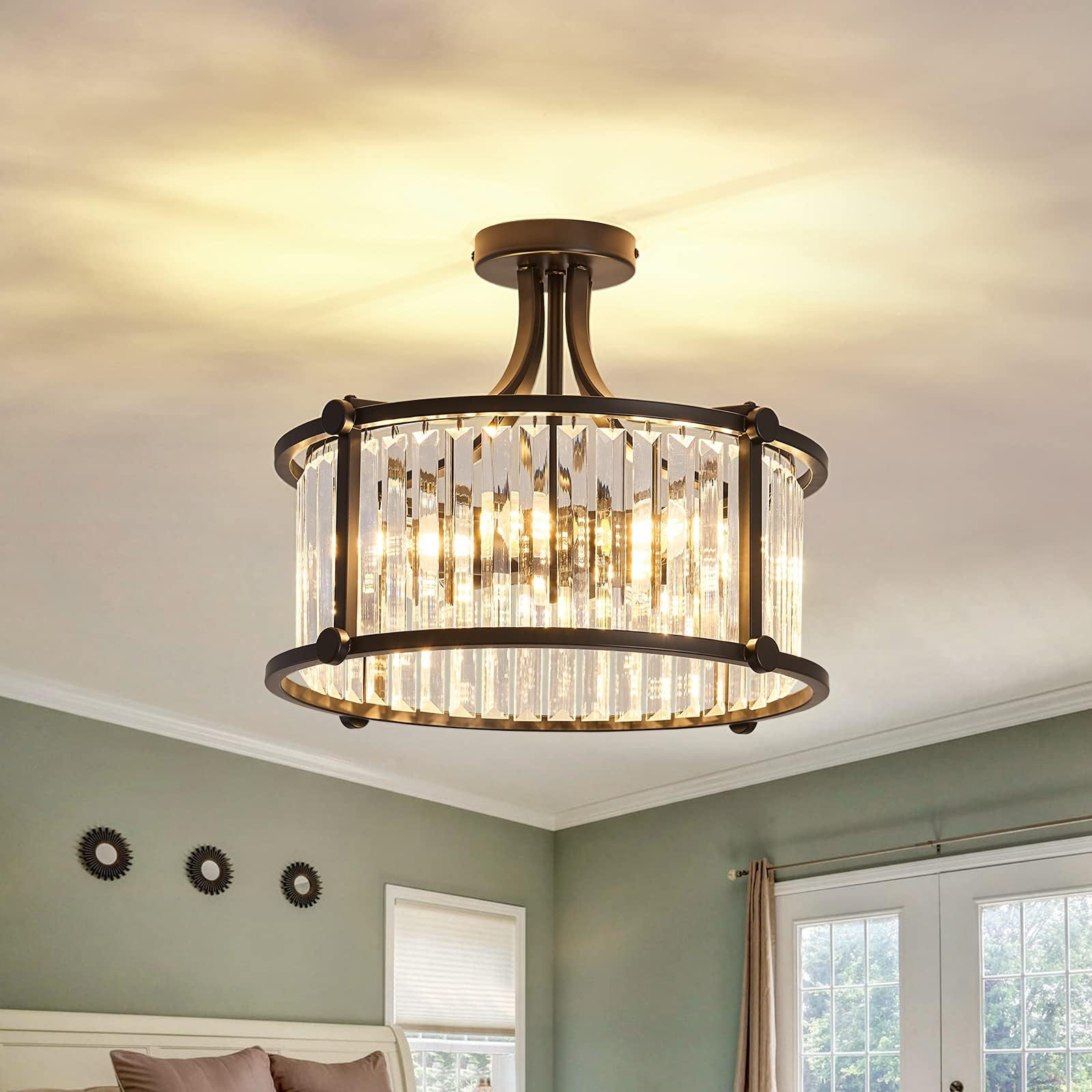 YYJLX 6-Light Black Semi Flush Mount Crystal Chandelier Metal Modern ...