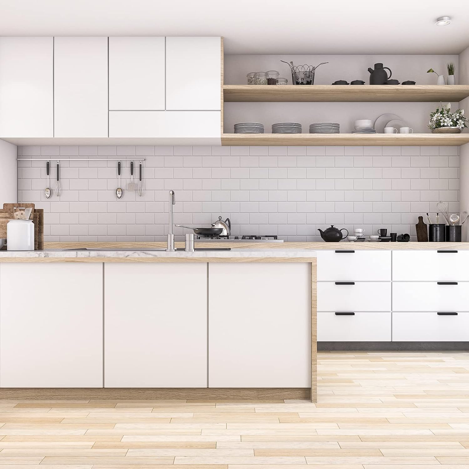 Homease White Wallpaper Peel and Stick Contact Paper for Walls Cabinets Countertops, Waterproof Textured Self Adhesive Vinyl Removable Wallpaper for Kitchen Bedroom, Thicken& Widen 24"x 196"