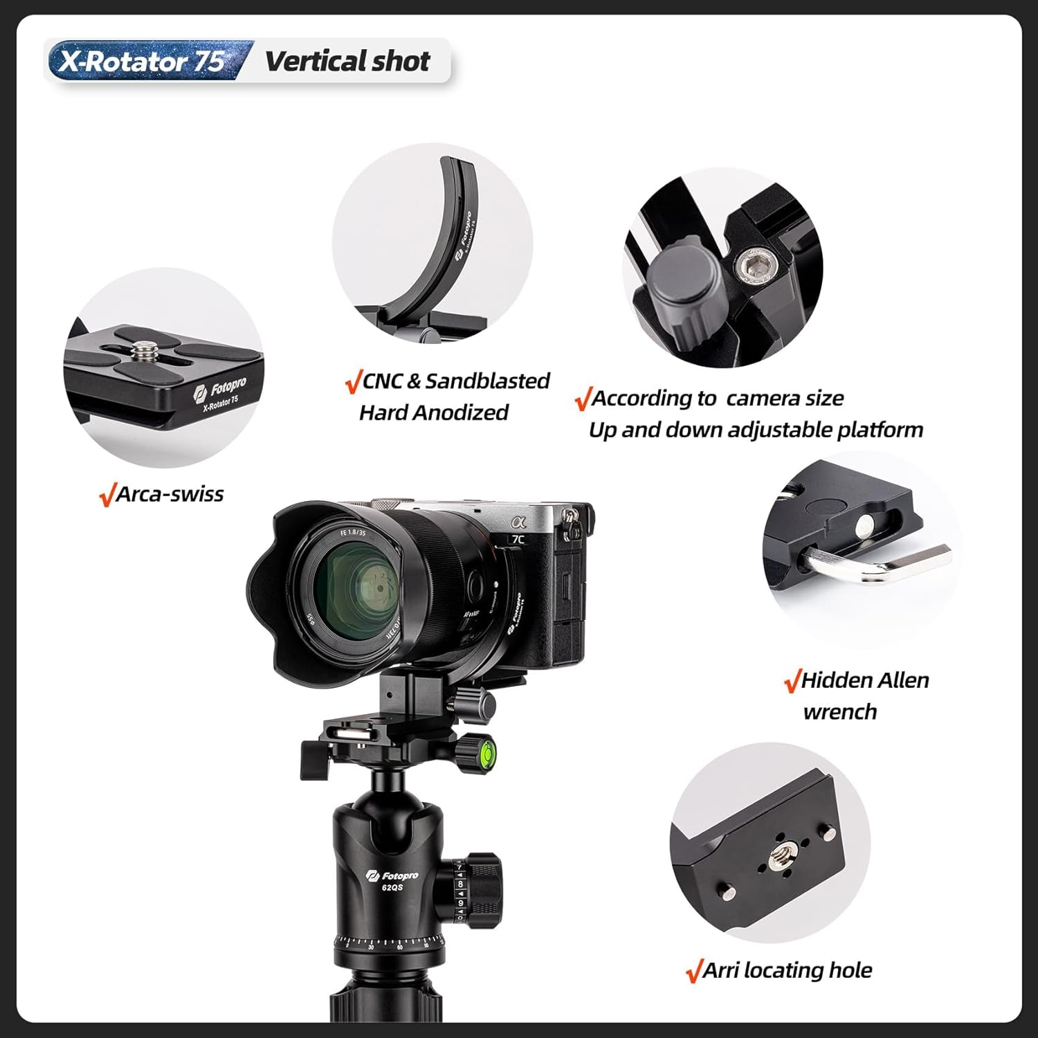 Fotopro Camera Vertical Bracket Rotatable Collar Mount Plate for Camera Tripod Mount Ring Lens Holder, Fits Arca-Type Plates Supports 64.8mm Lens for Horizontal & Vertical Shooting X-Rotator 75 Grey