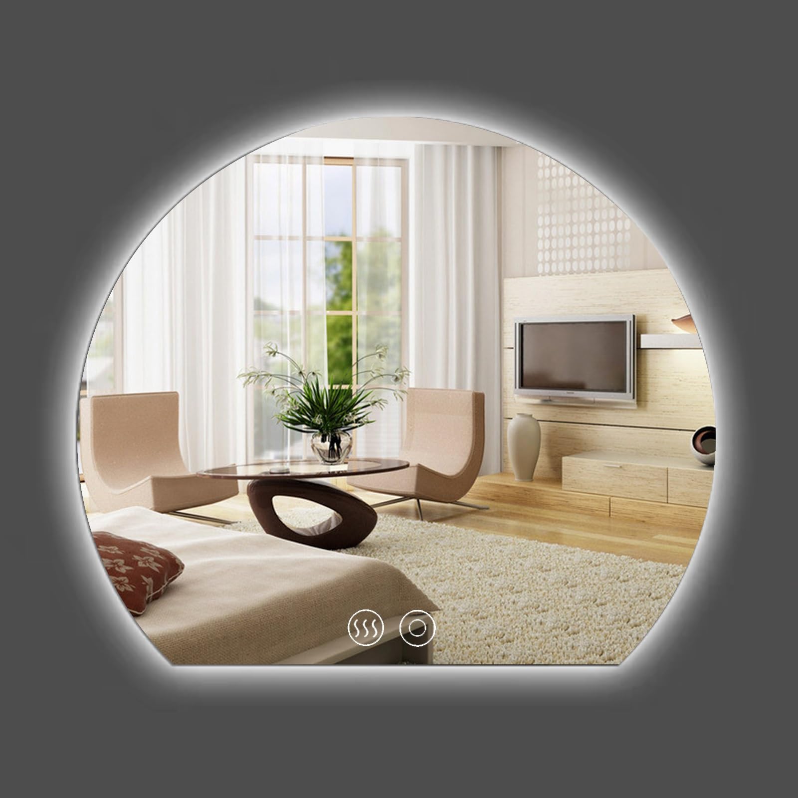 Miroir de bain anti-buée intelligent demi-lune avec éclairage LED trois teintes modulable