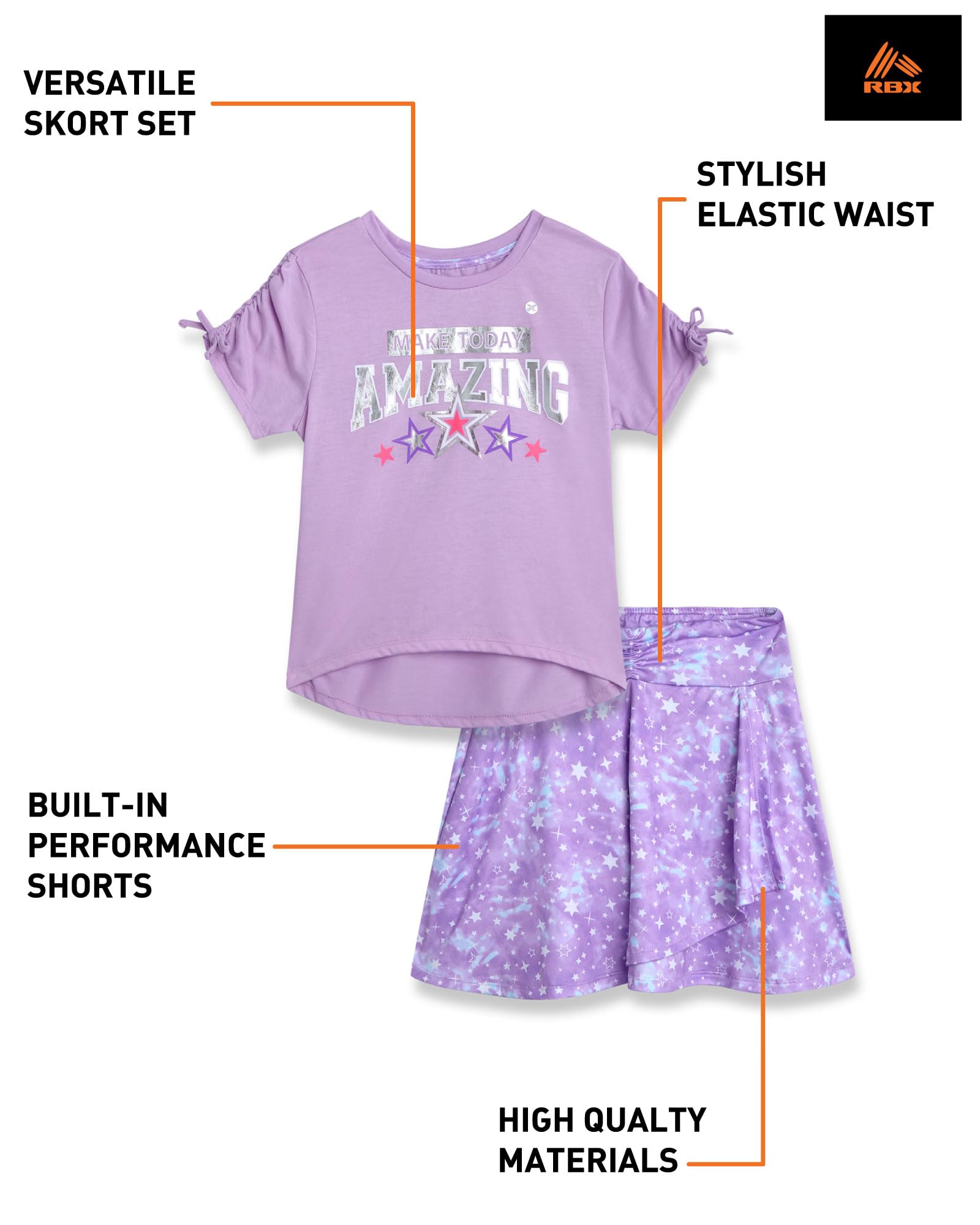 RBX Conjunto de falda deportiva para niñas, traje de entrenamiento de 2 piezas con camiseta gráfica de rendimiento y falda atlética para niñas
