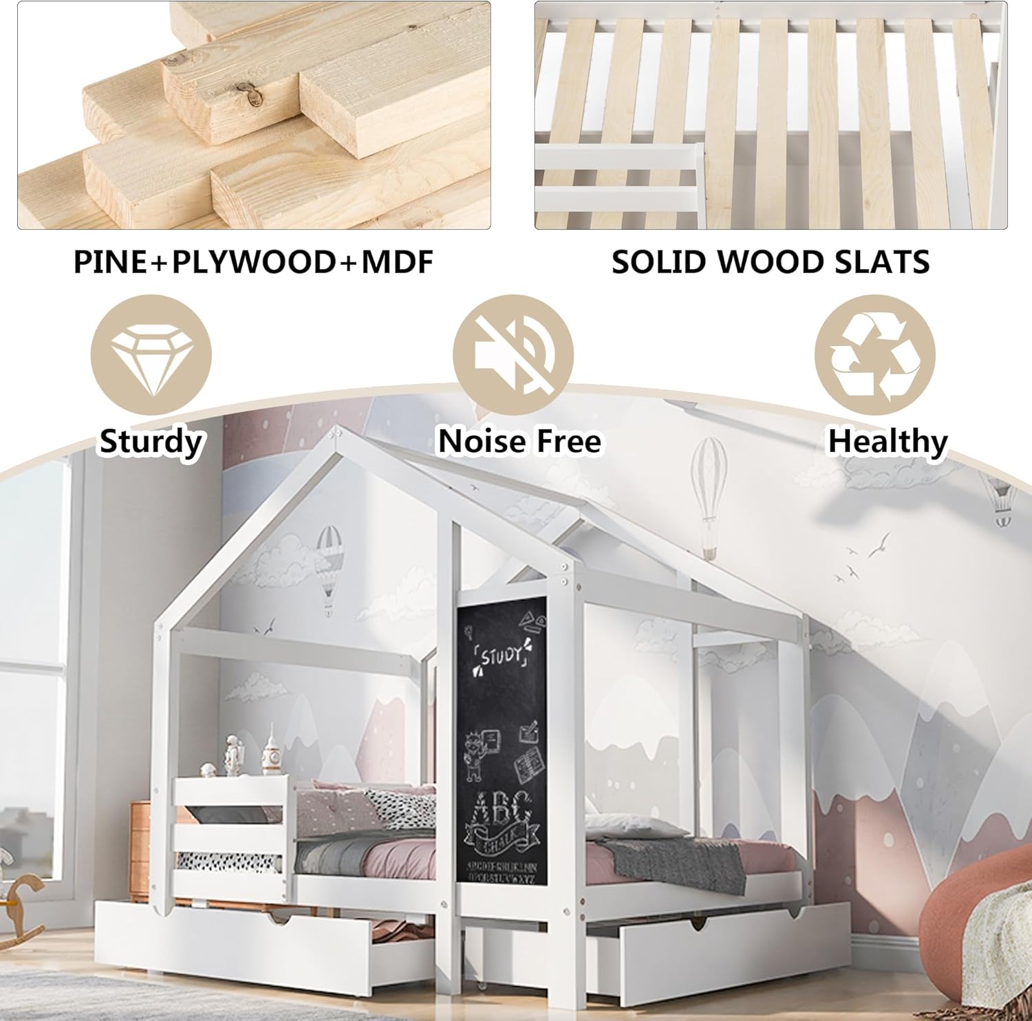 Twin House Bed with Drawers, Kids Platform Bed Frame with Blackboard, Montessori House Bed with Slats and Roof for Teens Girls Boys, 80.1" L x 41.9" W x 72" H, White