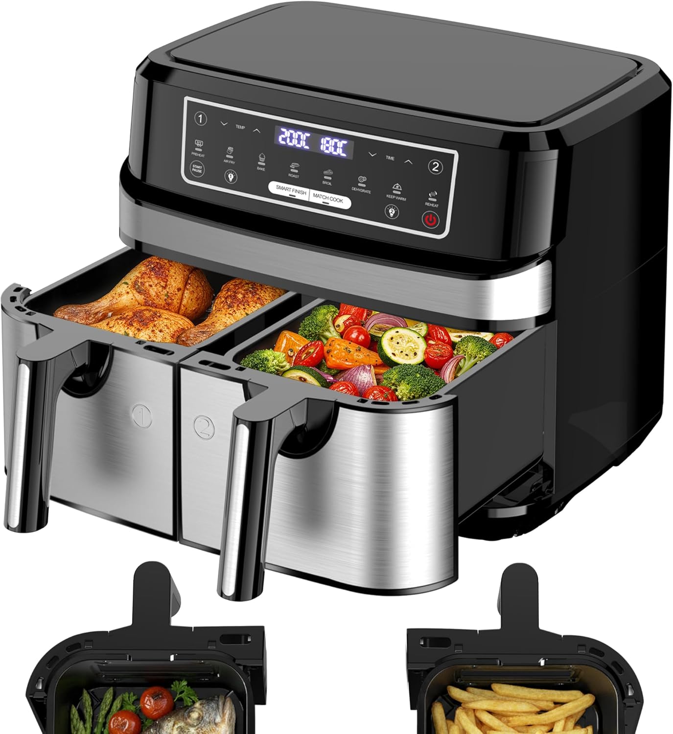 Iwaju view of the Emphsism 9L Dual Basket Air Fryer with both baskets filled with food.