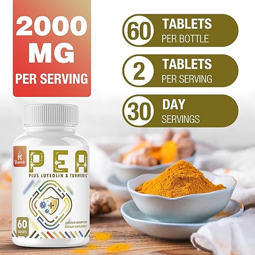 Miniatura 10 de Complejo de palmitoiletanolamida de 2000 mg con luteolina y cúrcuma, alta absorción, suplemento de guisantes para el manejo de molestias, fabricado