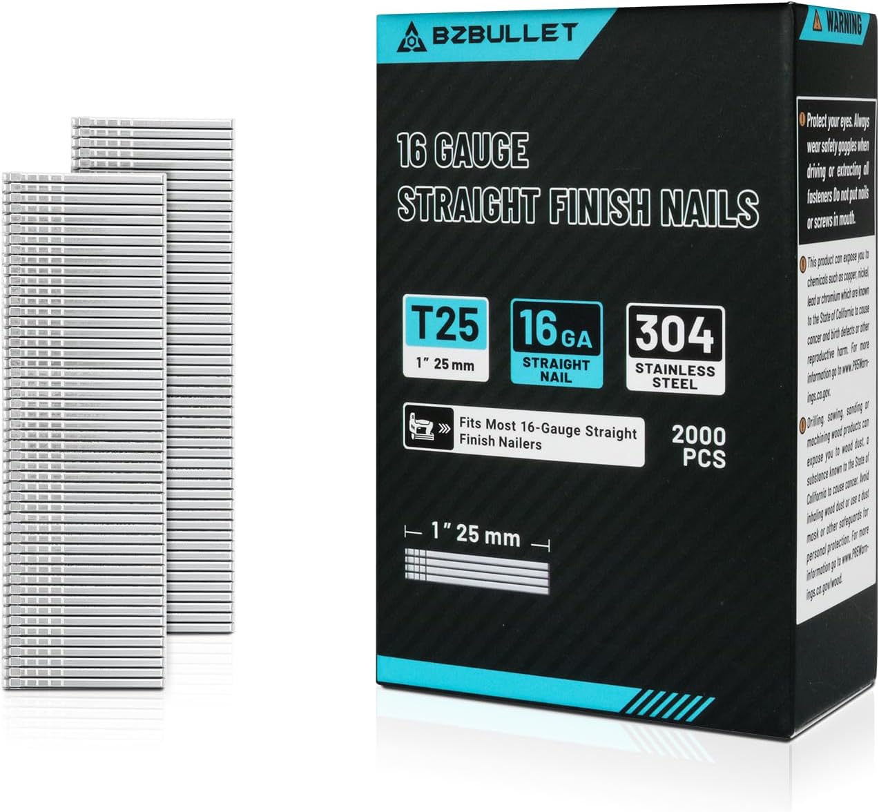 16 Gauge 1 Inch (25mm) Finish Nails, 304 Stainless Steel, Anti-Rust for Trim & Molding, Fits Most Straight Finish Nailers (1 Box of 2000 Count)