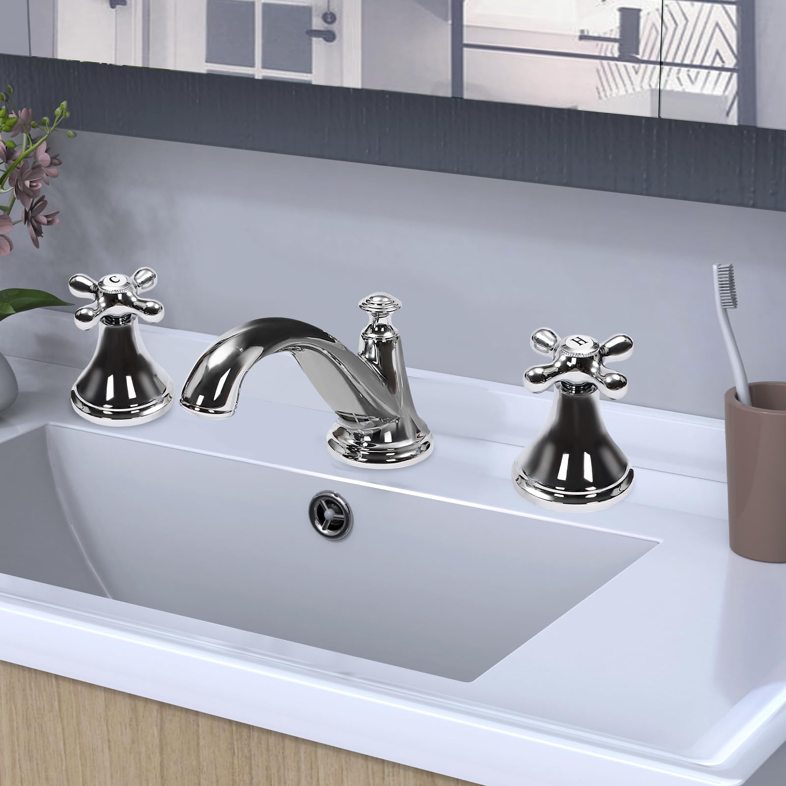 Grifo de baño de 3 orificios, doble manija, 3 orificios con pico en nido de abeja, mezclador de agua fría y caliente para baño, cocina, ducha, lavabo, plateado