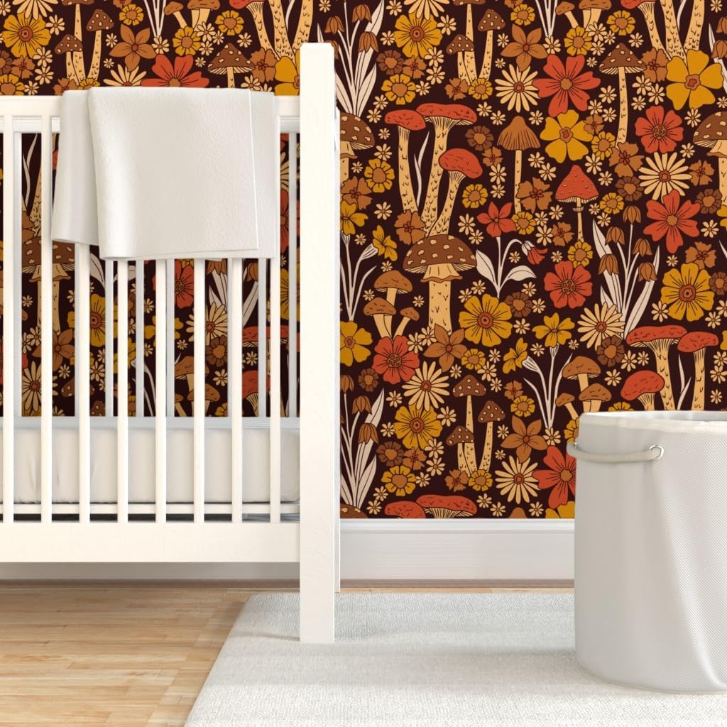 Peel & Stick Wallpaper 6ft x 2ft - Vintage Style Flower,Floral Retro,1970s Hippie,70s Mushroom,Brown Orange Custom Removable Wallpaper by Spoonflower