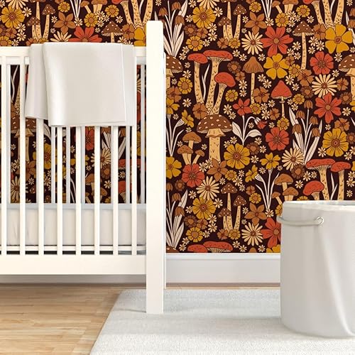 Miniatura 6 de Spoonflower Papel tapiz de despegar y pegar - flor de estilo vintage, retro floral, hippie de los años 70, hongo de los años 70, marrón naranja