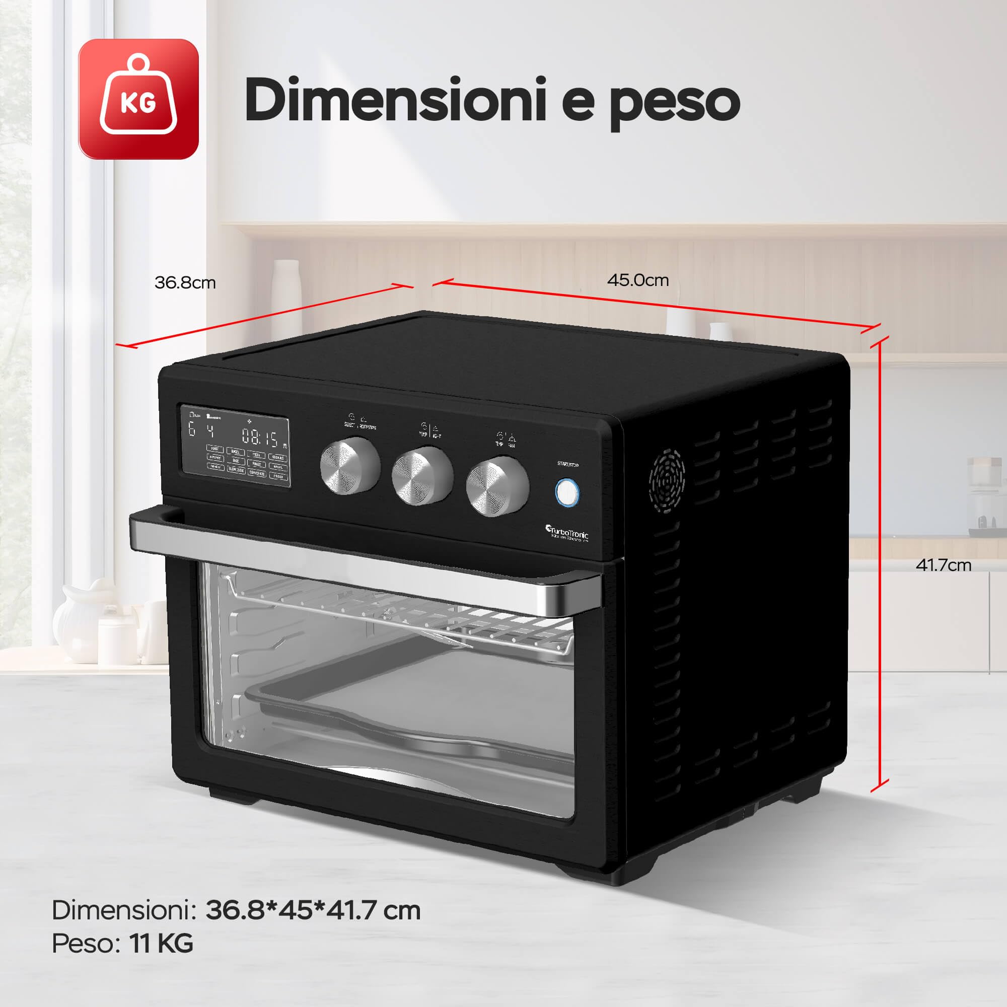 TurboTronic Forno ad Aria Calda XXL 32L con Girarrosto | 5 in 1 Mini Forno, Friggitrice ad Aria, Essiccatore, Grill e Forno Ventilato | 1700W | Ideale per Pollo, Pizza e Snack | Temperatura da 25°C