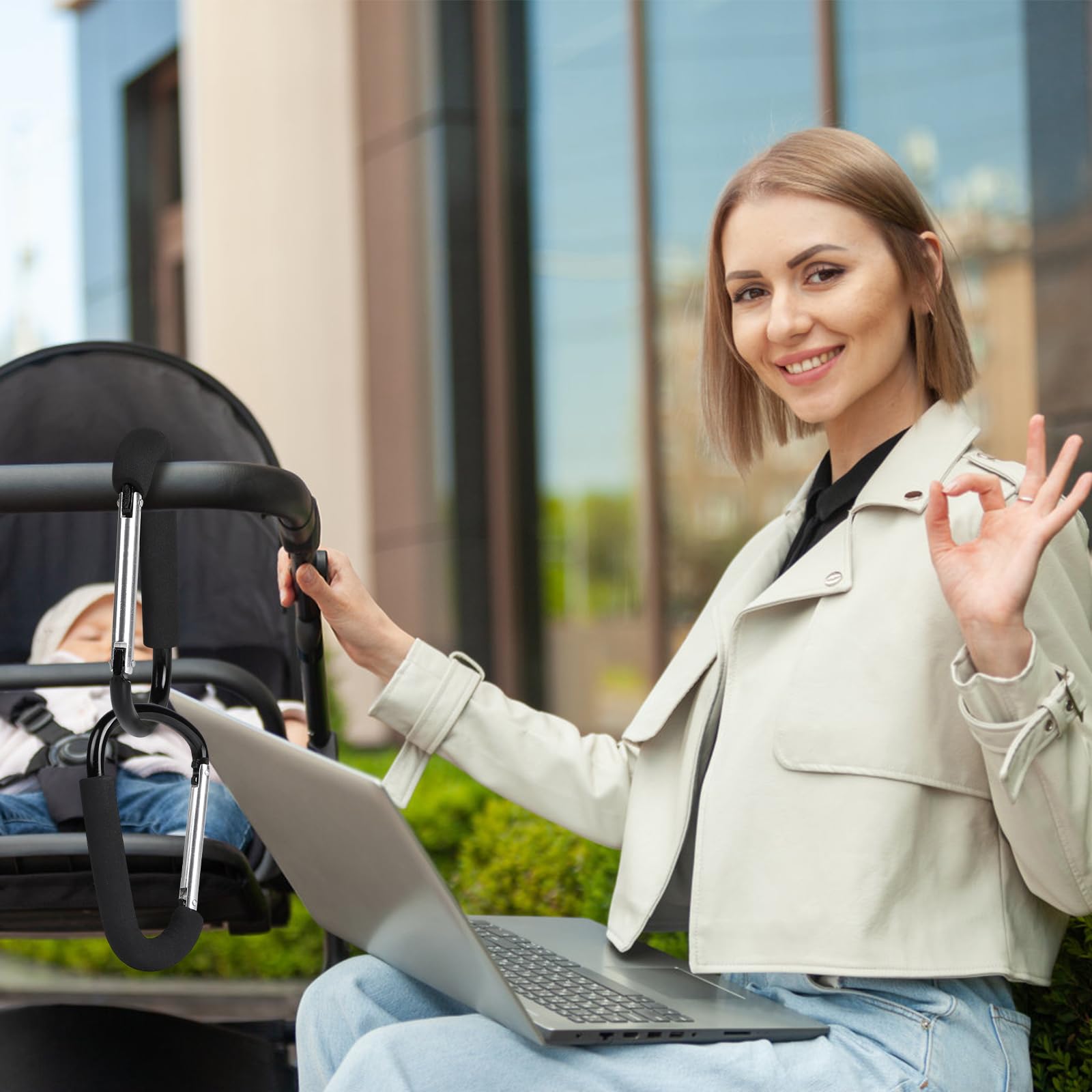 LALAGO 2 Pezzi Gancio Universale Passeggino, 16x10cm Moschettone a Gancio Multiuso, Aggancio per Borse con Imbottitura di Protezione, Ganci Passeggino, Clip Hook Stroller Organizer