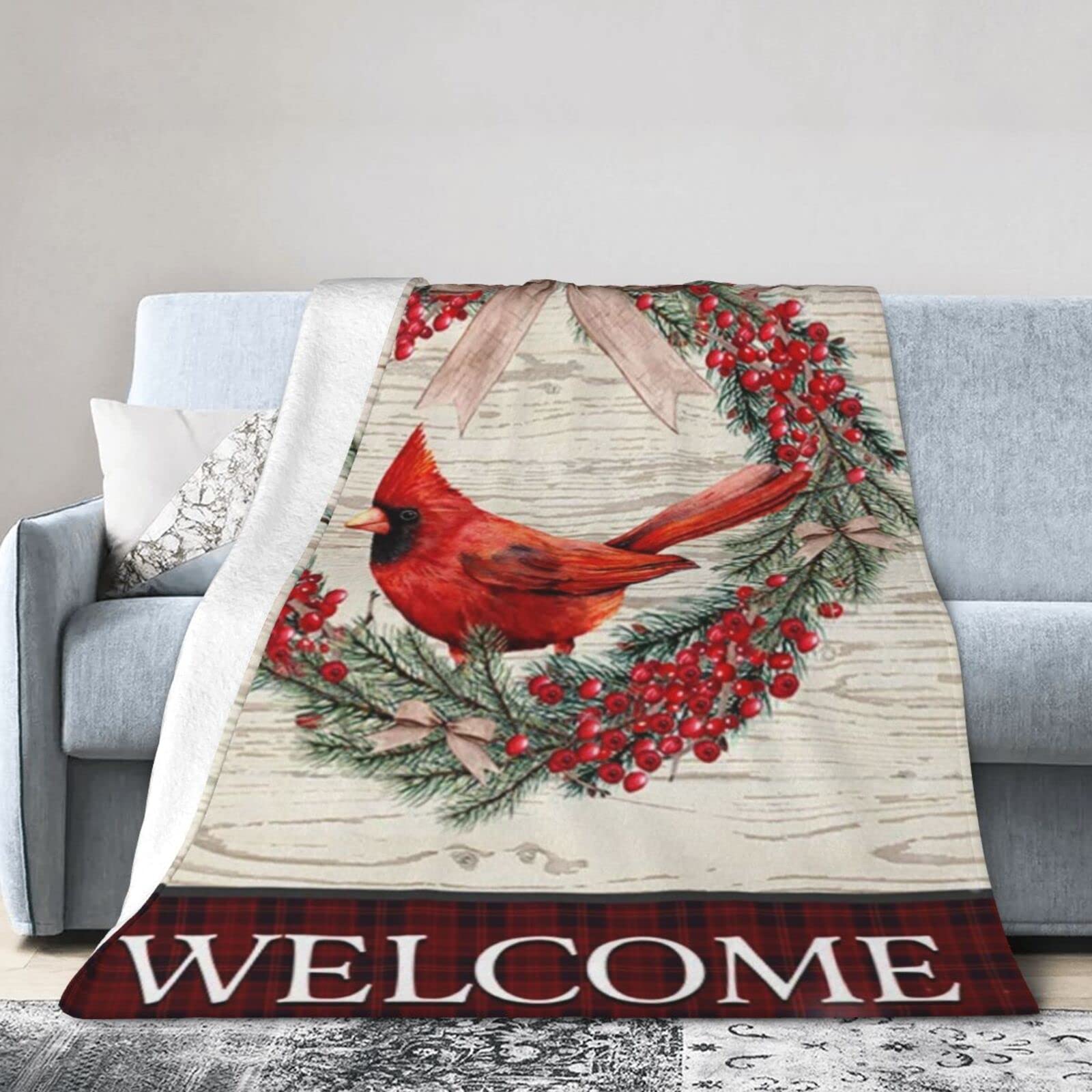 Lsjuee Christmas Flannel Fleece Blanket 40"X30" Christmas Cardinal Welcome Bed Throw Blanket Lightweight Ultra-Soft Travel Winter Blankets for Girls Keep Warm