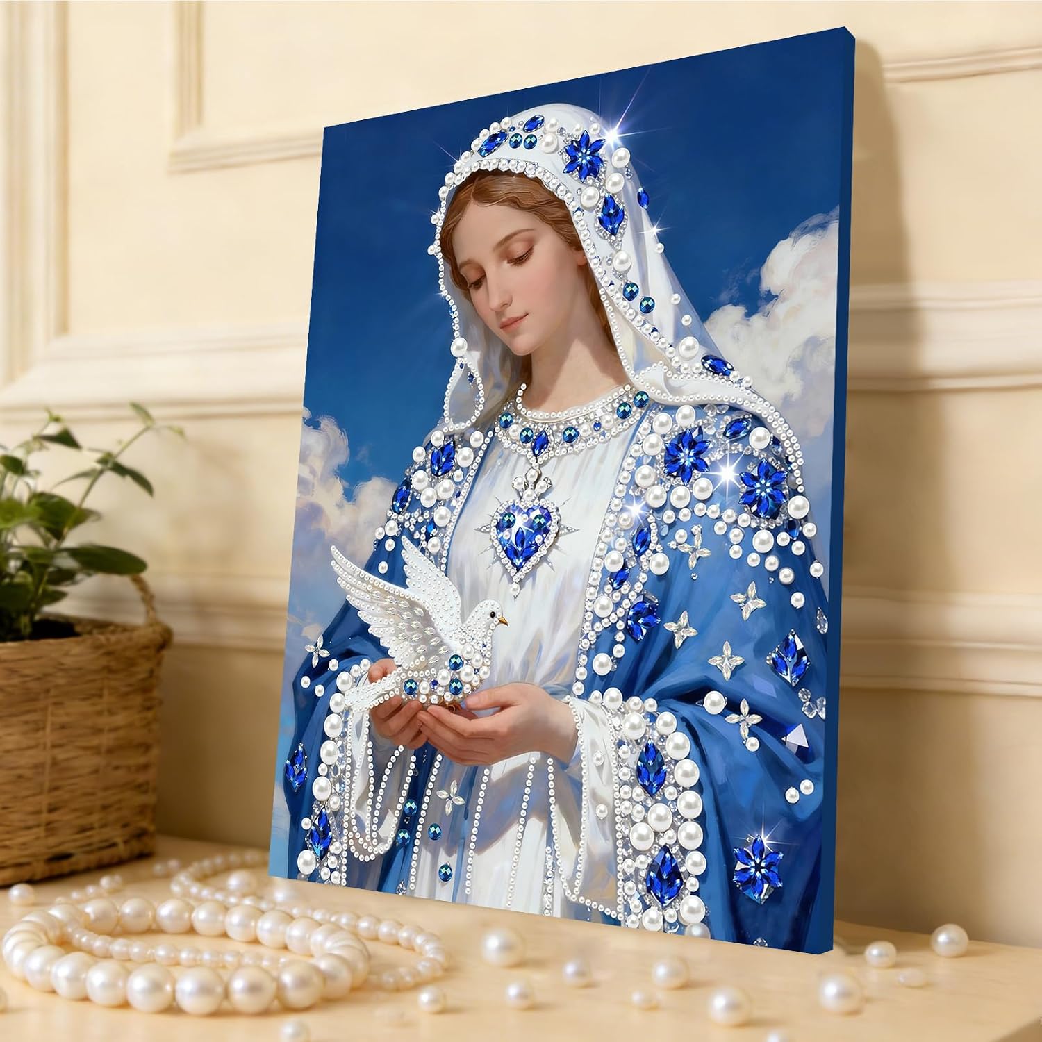 C'eitura Our Lady DIY Special Shape Drill Pearl Gem Diamond Art Painting Kit with Frame, 11.81x15.75 Inch Religious Art Craft for Adults Home Decor