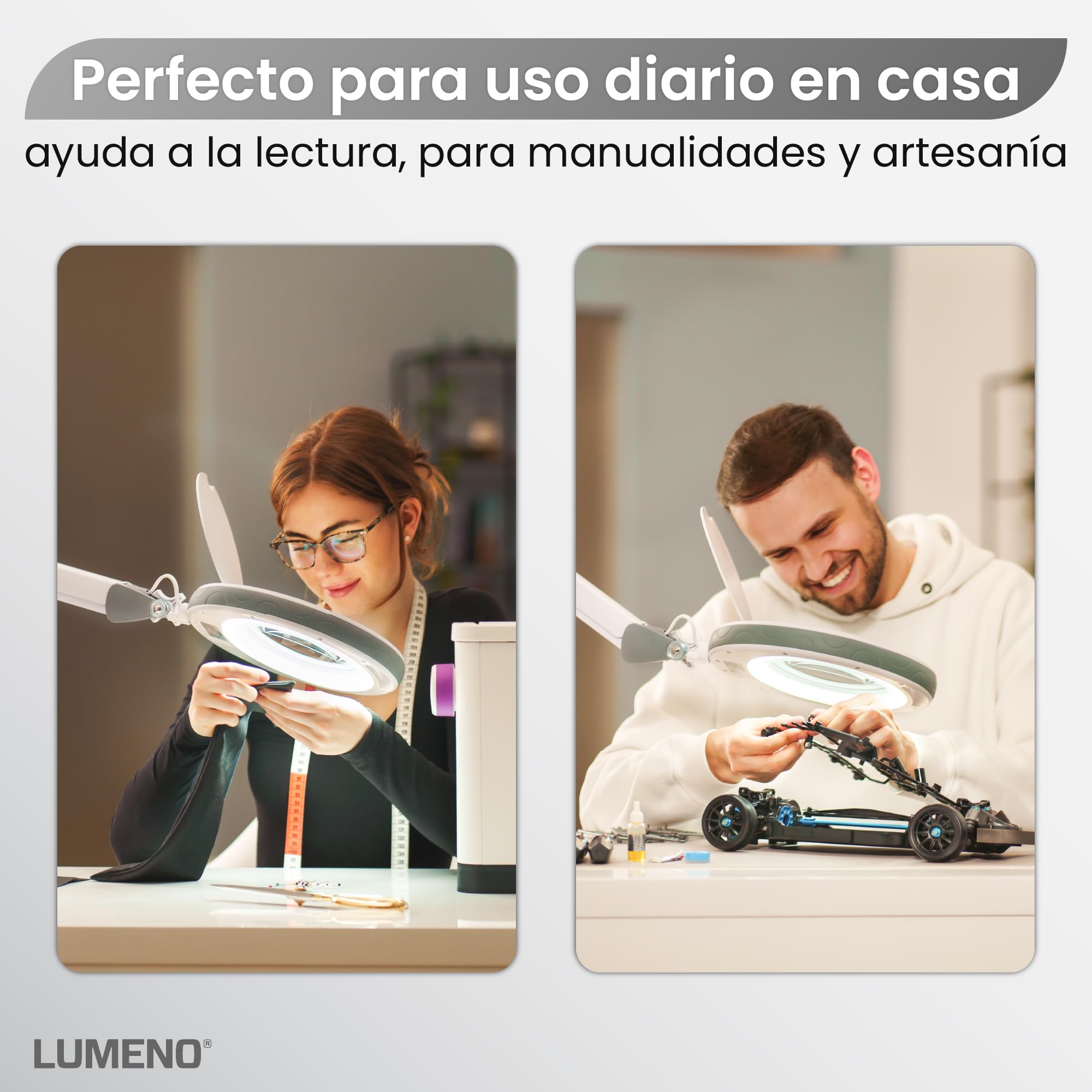 Lumeno 8513GR Lámpara lupa LED con gran lente de cristal auténtico de 152 mm, luminosidad regulables, adecuada como lámpara de trabajo, de aumento, ayuda de lectura, lupa estetica, 3 dioptrías gris