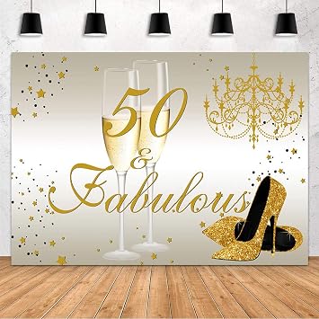 MEHOFOND Happy 50th Birthday Backdrop for Women 50th Birthday Decoration Banner Gold High Heels and Champagne Fabulous 50th Bday Photography Background Studio Props Banner 7x5ft