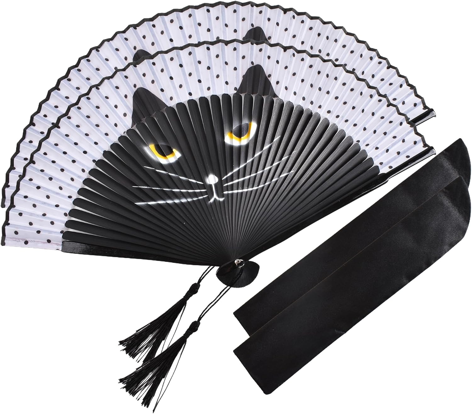 2 Pack 8.27"(21cm) Hand Held Bamboo Silk Folding Fan Hand Fan,Chinese,Japanese Charming Elegant Vintage Retro Style,Women Ladys Girls Best Gifts (Black cat)