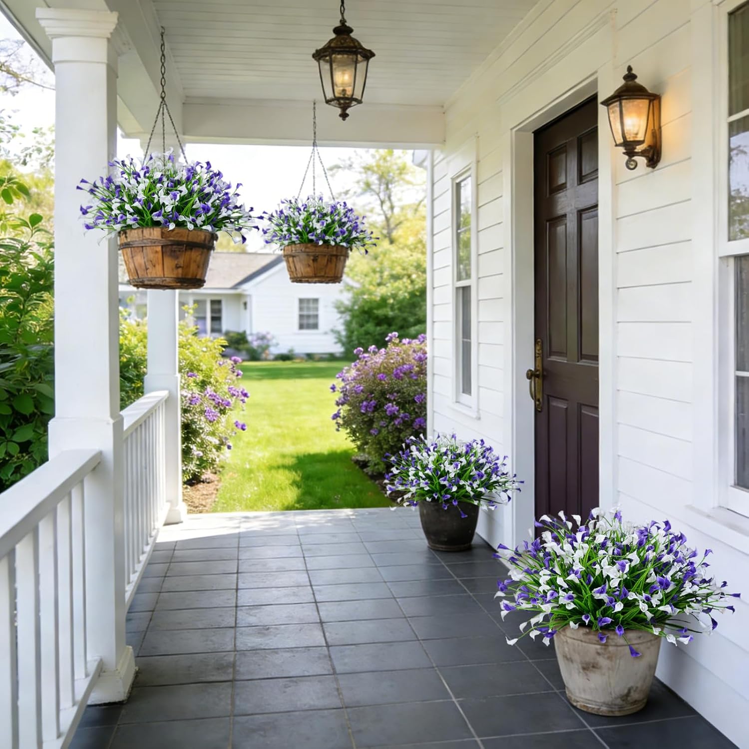 INXUGAO 24 Bundles Calla Lily Artificial Flowers for Outdoors, UV Resistant Faux Plastic Flowers for Home Porch Yards, Fake Plants for Spring Summer Cemetery Decor (Purple White)