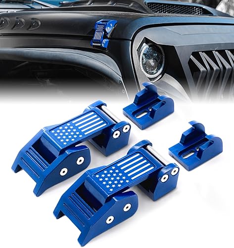 Xprite Pestillos de aluminio para capó con bandera de Estados Unidos, kit de pestillos ajustables para capó compatible con Jeep Wrangler JK JKU