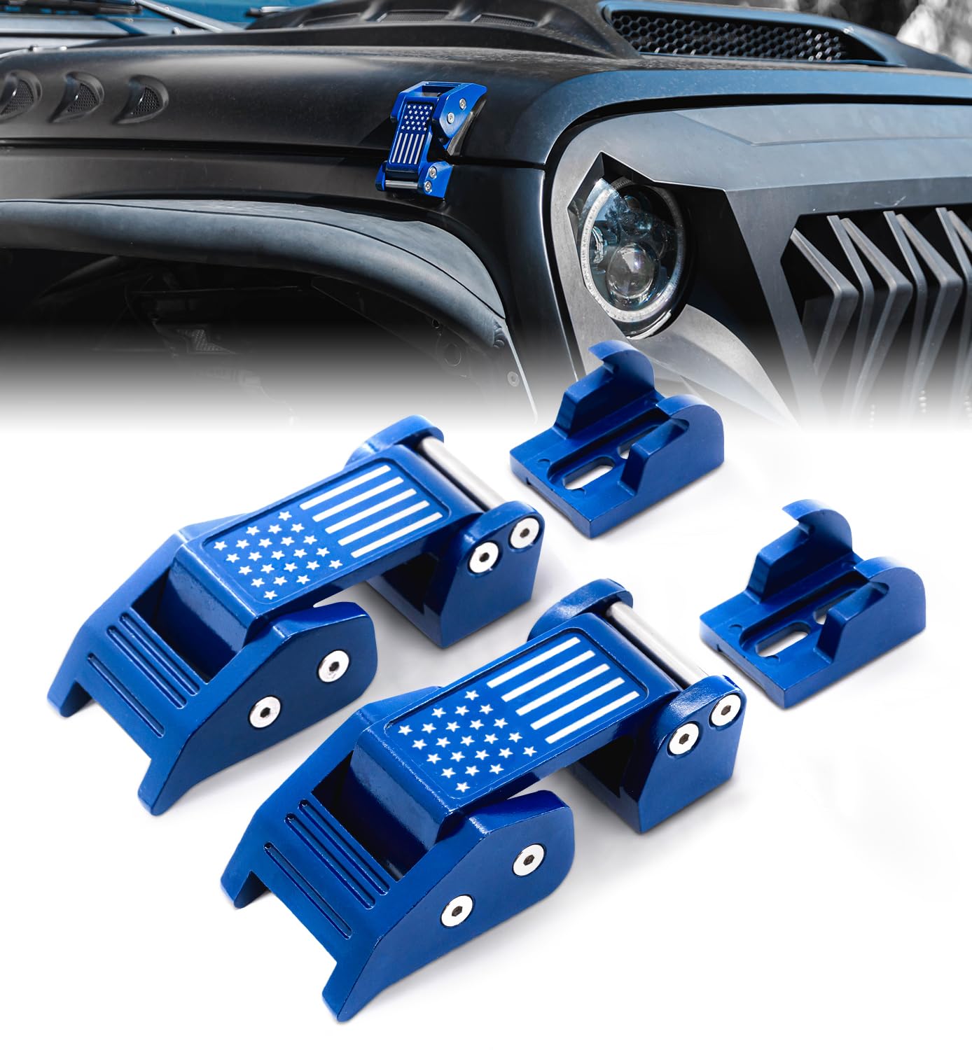 A pair of blue Xprite Aluminum Hood Latches with US flag design, along with mounting hardware and gaskets, laid out on a white background.
