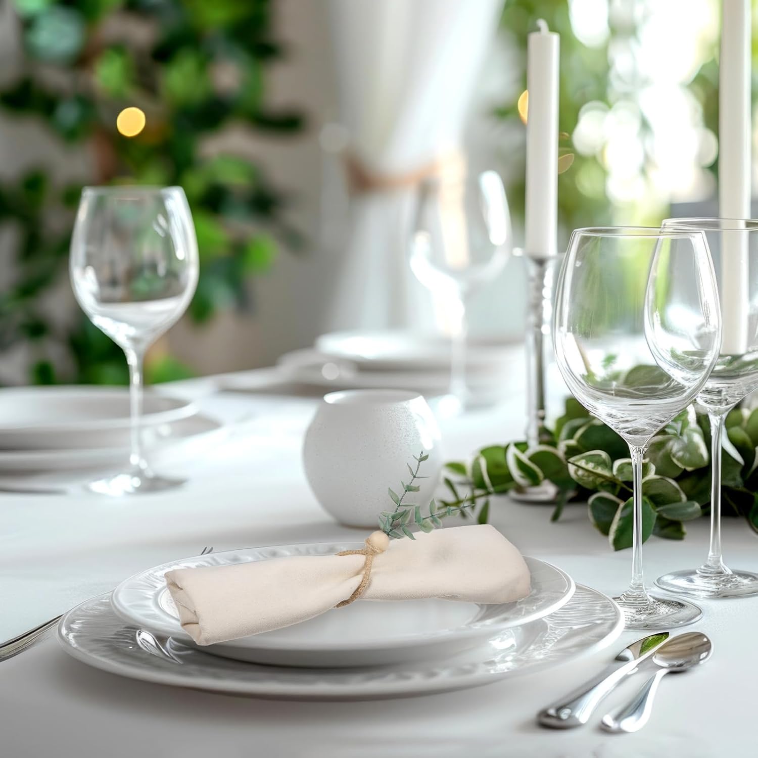 24 Pcs Napkin Rings with Artificial Eucalyptus Leaf Wood Bead Jute Rope for Christmas Farmhouse Wedding Home Dining Table Party Decoration