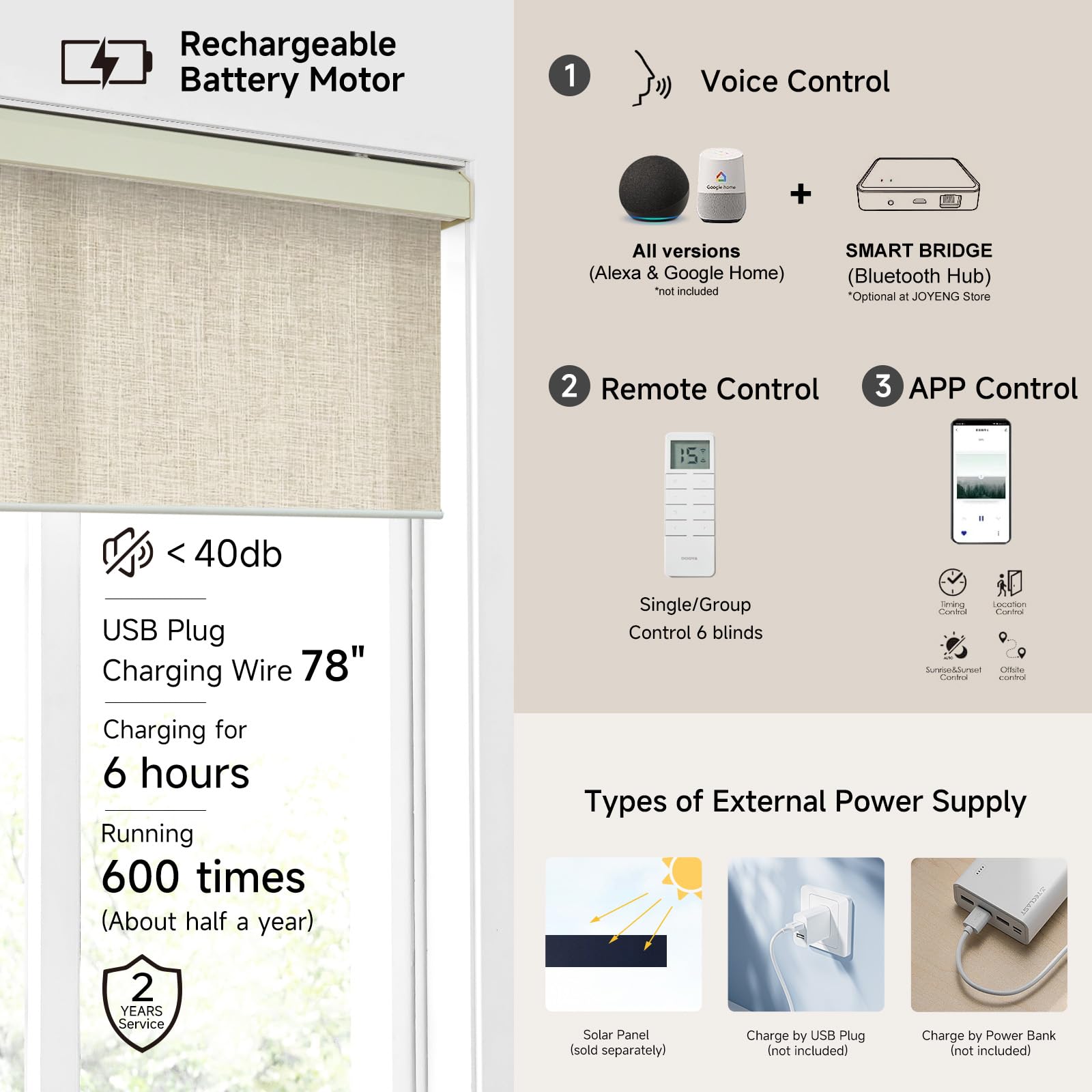 Store enrouleur motorisé intelligent filtrant la lumière avec télécommande, compatible avec Alexa et Google, taille personnalisable, rechargeable, blanc crème texturé