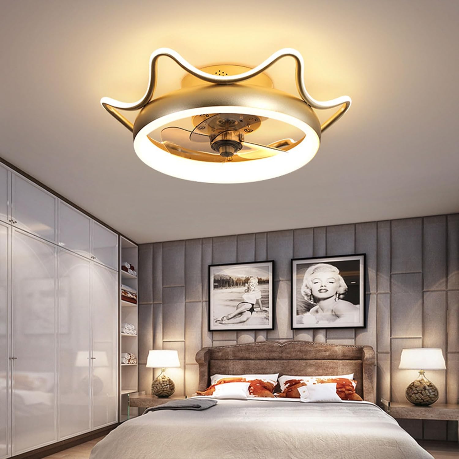 Modern Gold Ceiling Fan Light Dimmable LED Ceiling Light Remote Mute Ceiling Fan with Light 6 Gear Wind Speed Timing for Bedroom Dining Room Living Room