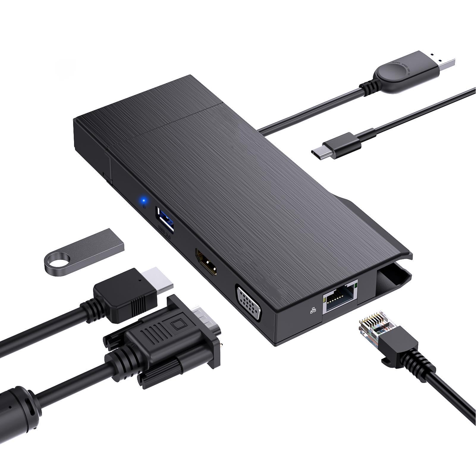 USB C HUB 9 en 1 Estación de Acoplamiento de Pantalla Dual, Adaptador de Múltiples Portátiles con Puerto RJ45 VGA, Interfaz Multimedia 4K HD, Ethernet, 2 X USB3.0, para, OS X