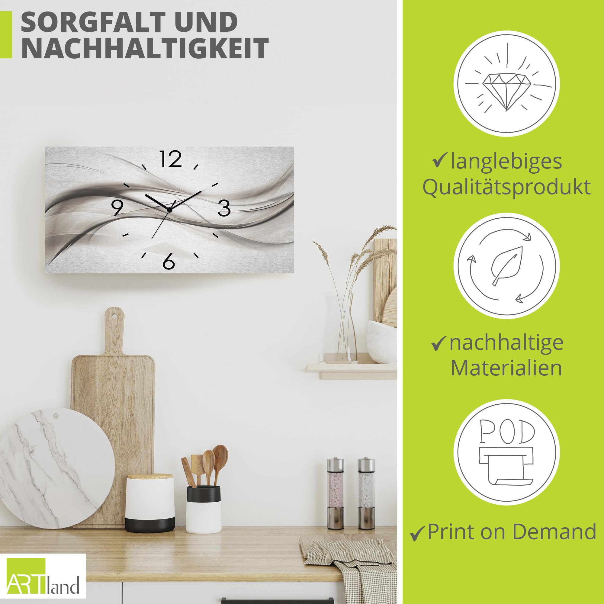ARTLAND Wanddeko Wanduhr ohne Tickgeräusche Alu Quarzuhr 60x30 cm Eckig Lautlos 3D Design Kunst Welle Abstrakt Modern Silber K5ZO