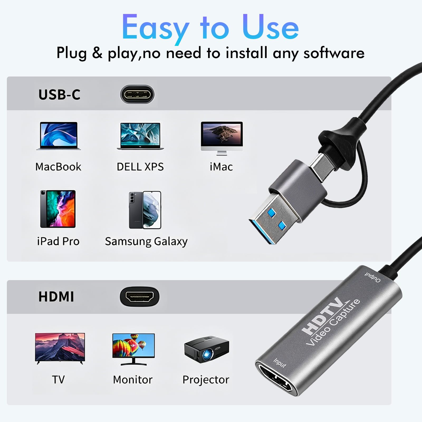 Scheda Acquisizione Video, 4K 30Hz Capture Card, Adattatore USB HDMI, 1080P USB C 2.0 per PC, Switch, PS5, Xbox, MacBook, iPad, Camera, Streaming, Insegnamento Online