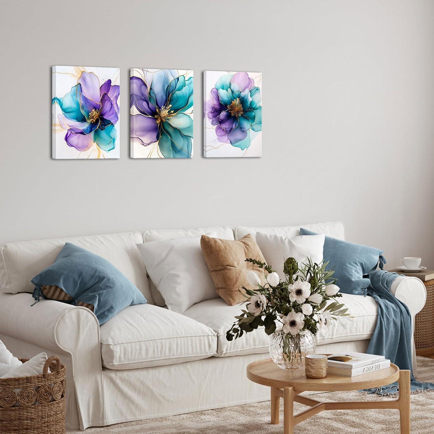 AoArtWZ Rustic Wildflower Canvas Wall Art Abstract Purple and Teal Flower Petals Gold Texture Wall Decor Vintage Botanical Painting Pictures Modern Artwork for Kitchen Living Room