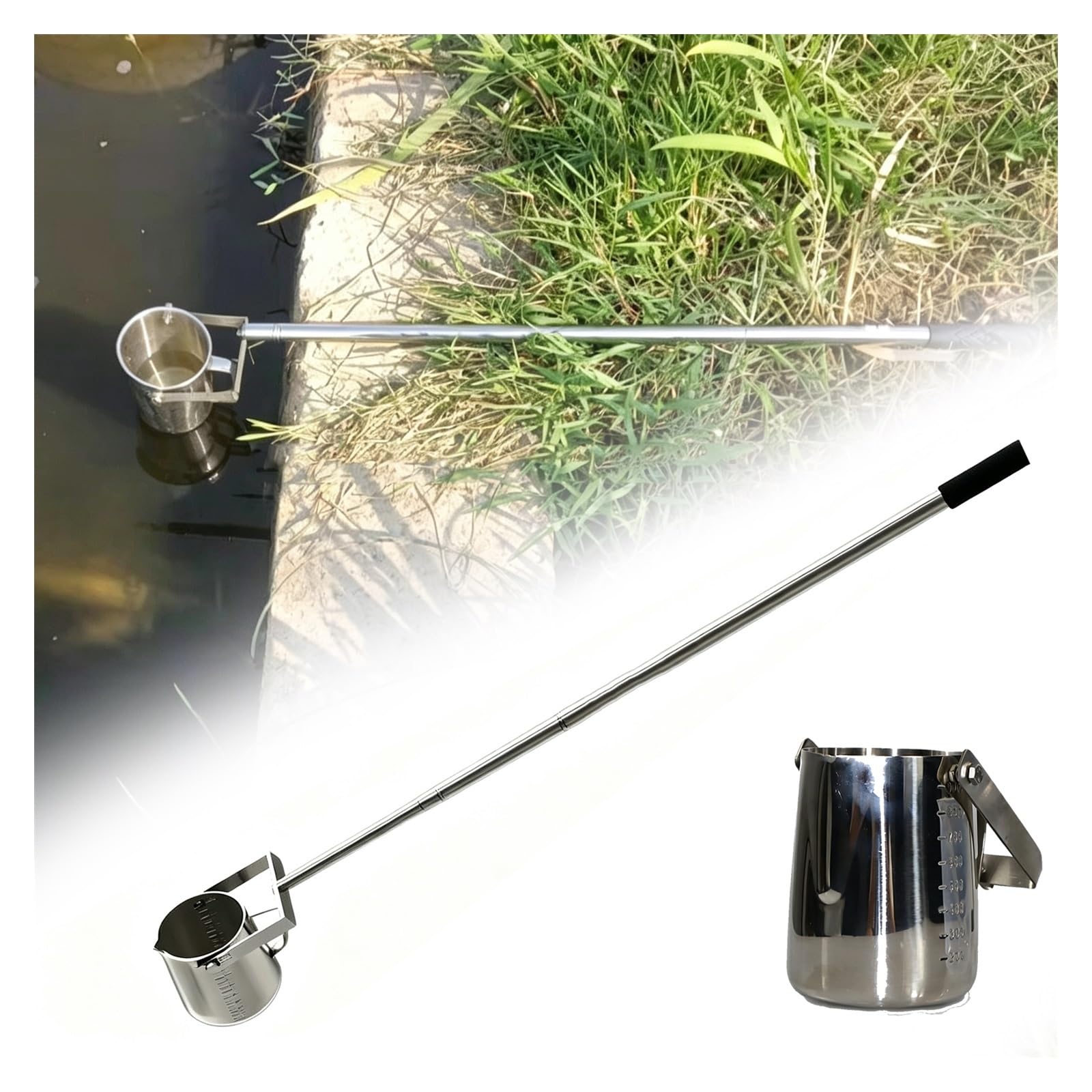 Muestreador De Agua Con Cubeta De Acero Inoxidable, Varilla Extensible | Muestreador de agua tipo péndulo con escala, para recolección segura y remota(1000ml,1.17-4.0m/3.8-13.1ft)