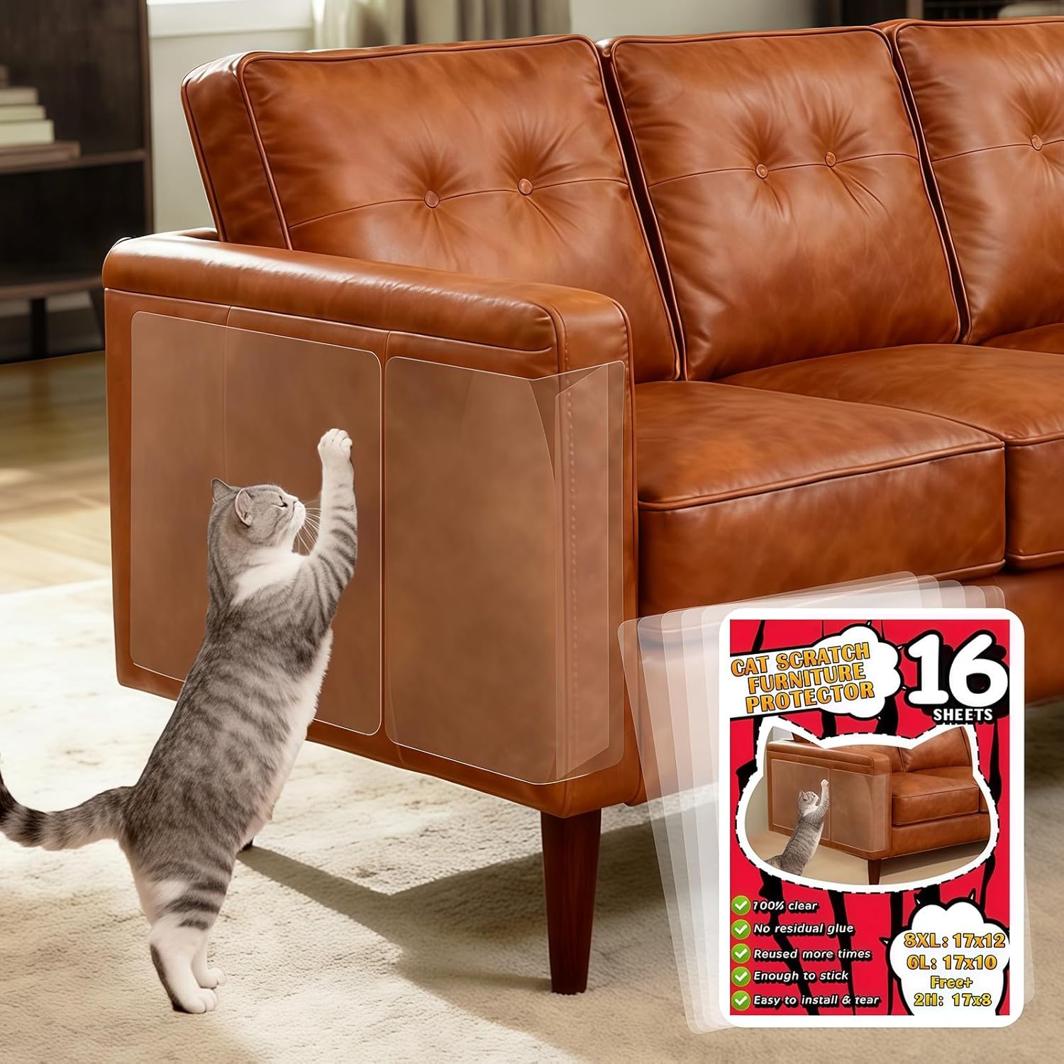 Anti Cat Scratch Furniture Protector for Leather - 16 PCS Large Size (17x12 Inch), Couch Protectors from Cat Scratching, Cat Couch Scratch Protector, Easy Remove, Single Side, No Residue, 80 Pins