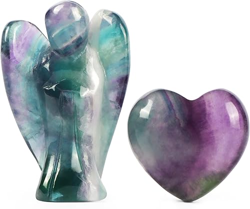 Artistone Juego de piedras de ángel de la guarda y corazón de cristal de fluorita arcoíris, figuras de ángel de bolsillo curativas naturales,