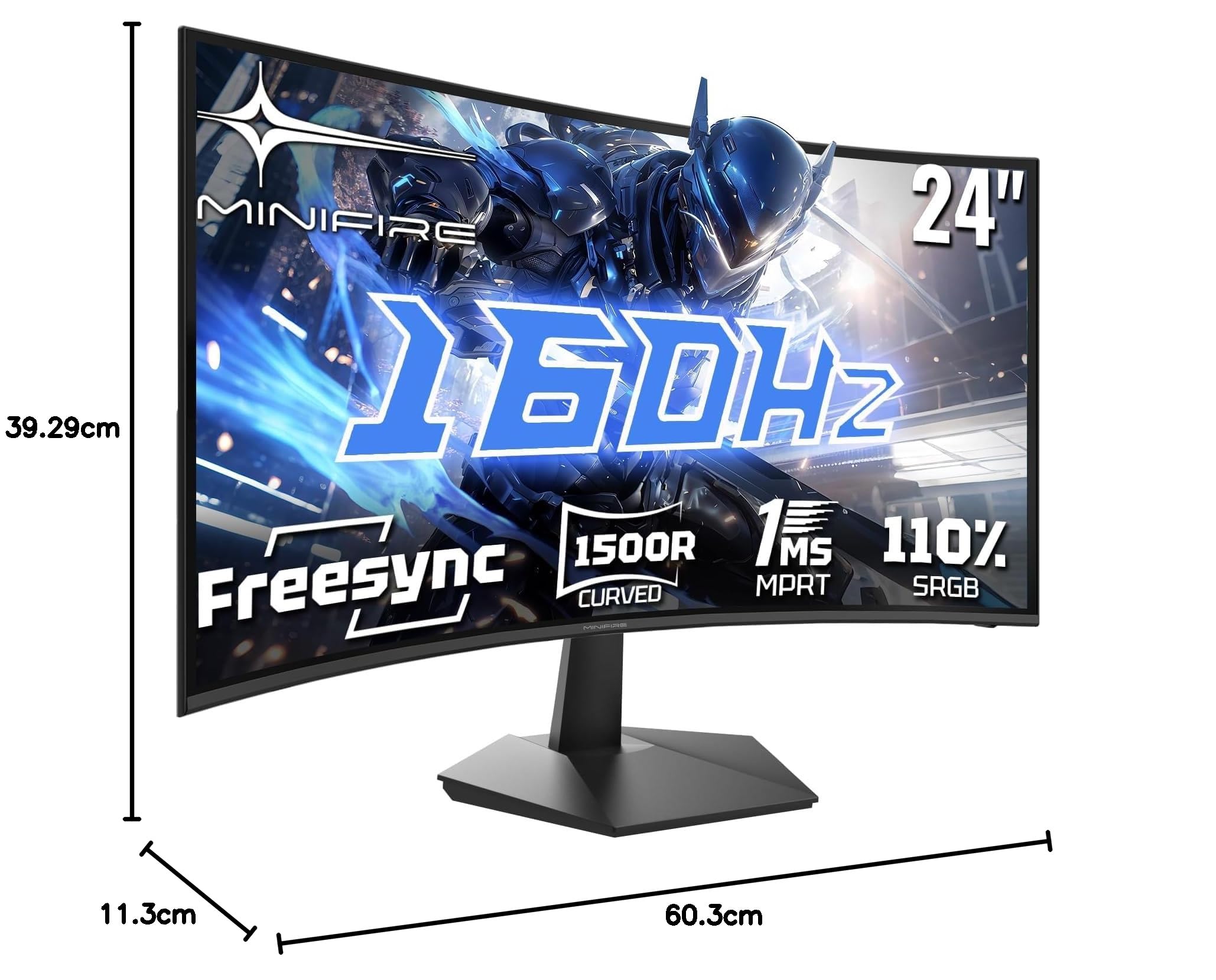 Minifire Ecran PC Gamer Incurvé 24 Pouces 160Hz FHD 1920x1080 1ms MPRT 110% sRGB 1500R Pied en métal Adaptive Sync VESA 100x100mm Inclinaison réglable HDMI2.0 DP1.4