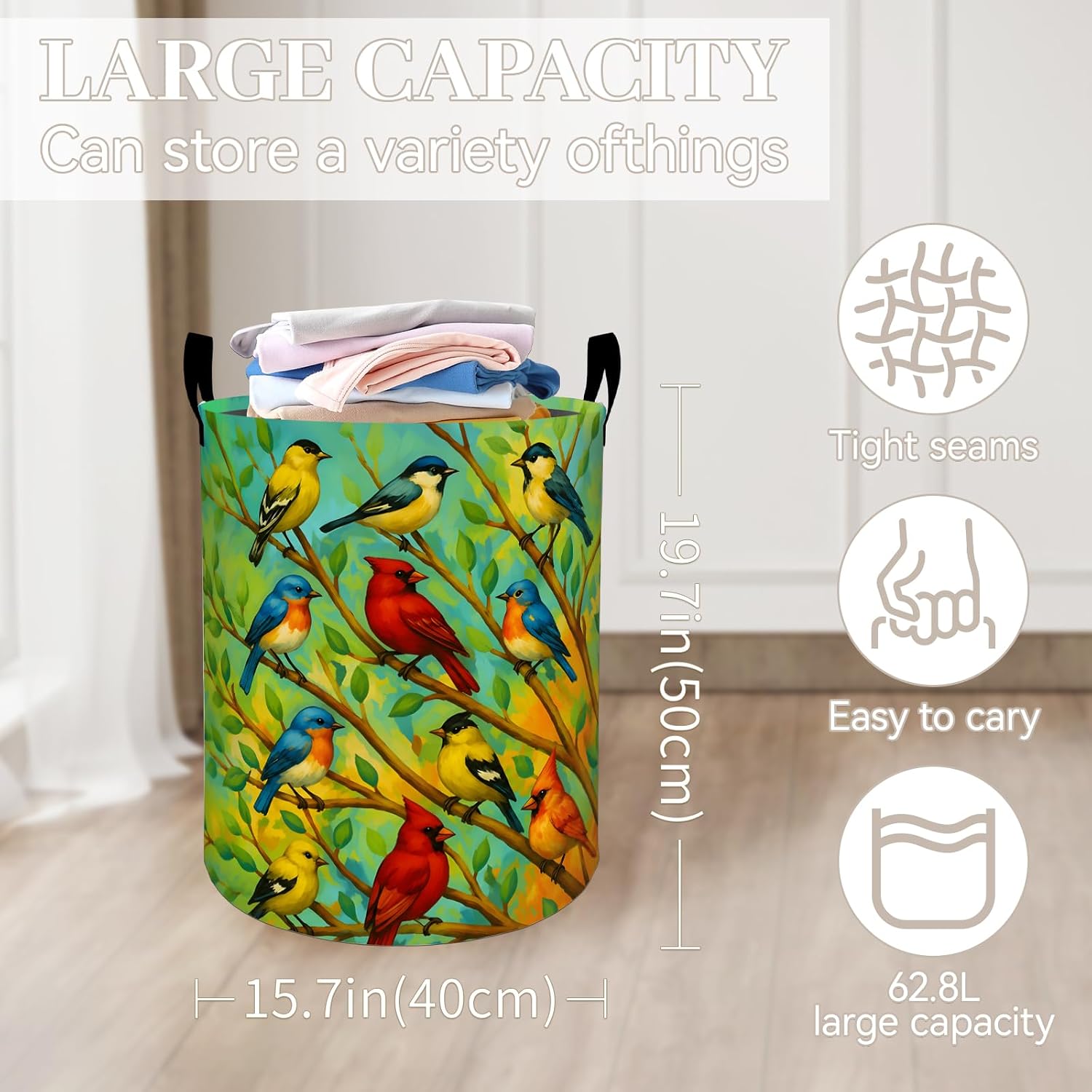 Bird Laundry Basket, Bright Rustic Songbird Waterproof Fabric Hamper with Handles, Spring Branch Decorative Design for Apartment Closet, 19.7x15.7 Inch Foldable Clothes Organizer Gifts