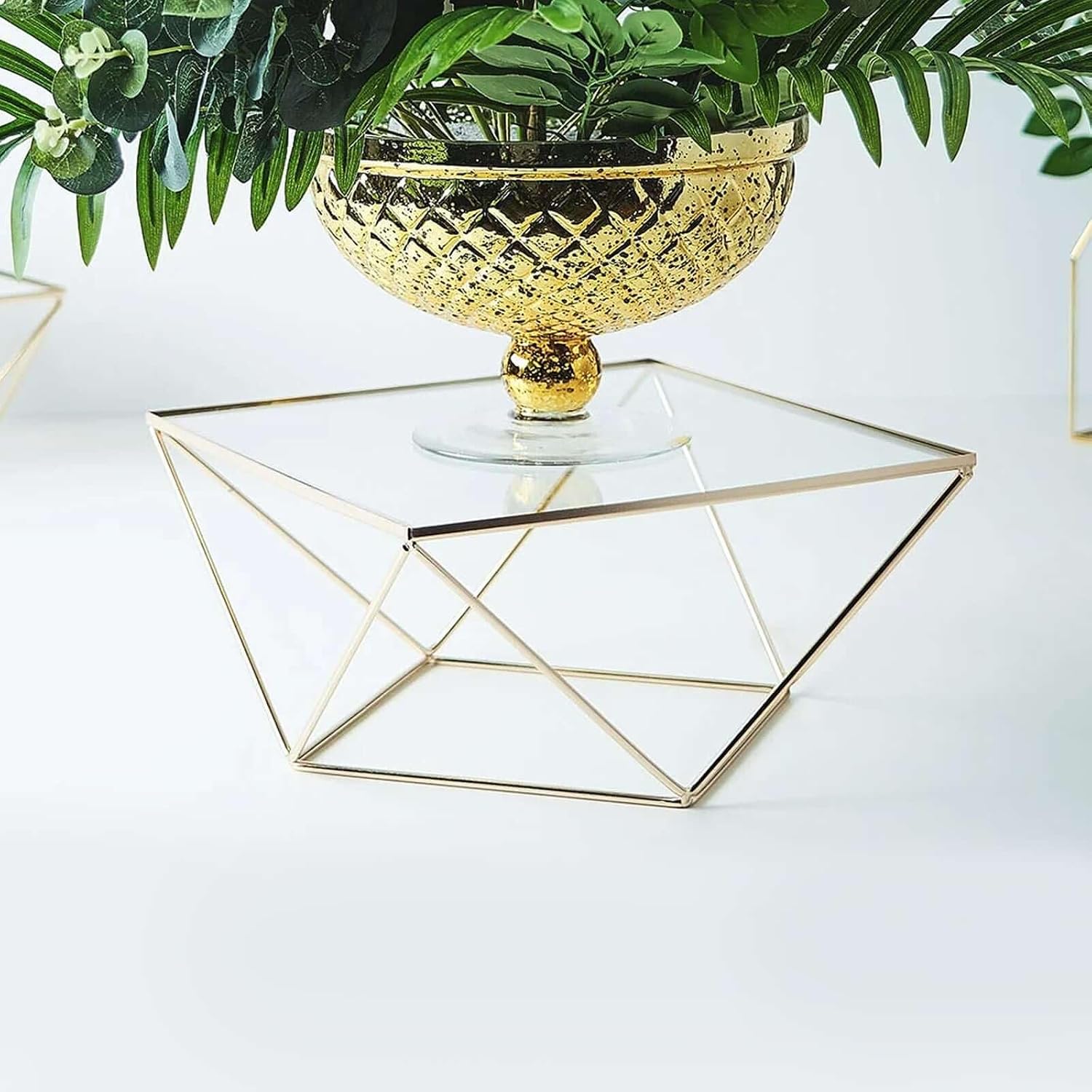 Efavormart 14" Gold Metal Geometric Cake Stand with Square Glass Top - Heavy Duty Pedestal Riser Display Centerpiece for Weddings and Birthday Parties