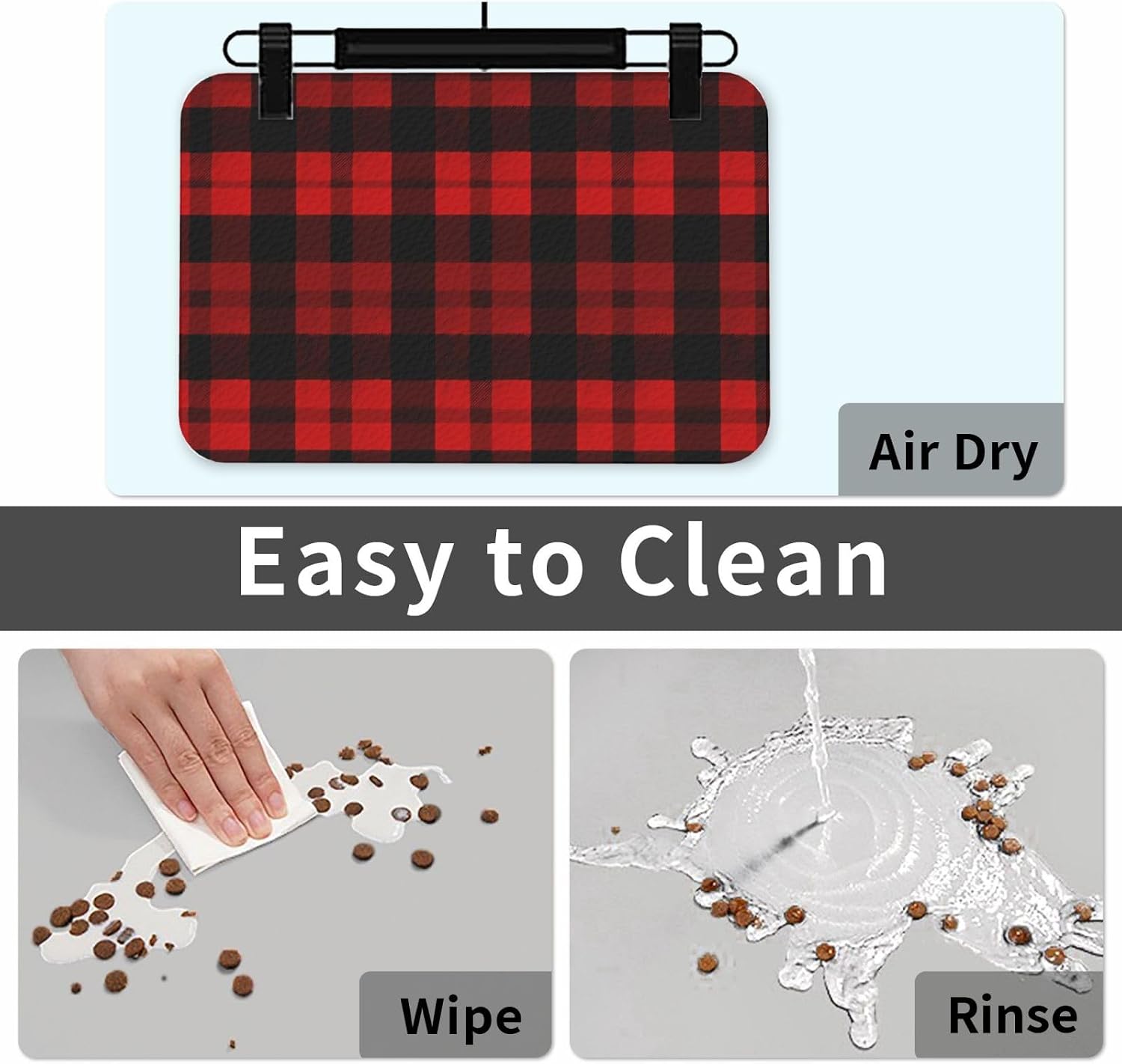 Plaid Red and Black Dog Food Mats for Floors, 12x18 Inch Non-Slip Super Absorbent Pet Food Mat, Dishwasher Dog Mat for Food and Water, Cute Rubber Quick Dry Pet Feeding Mat for Dogs Puppy Cats image 5
