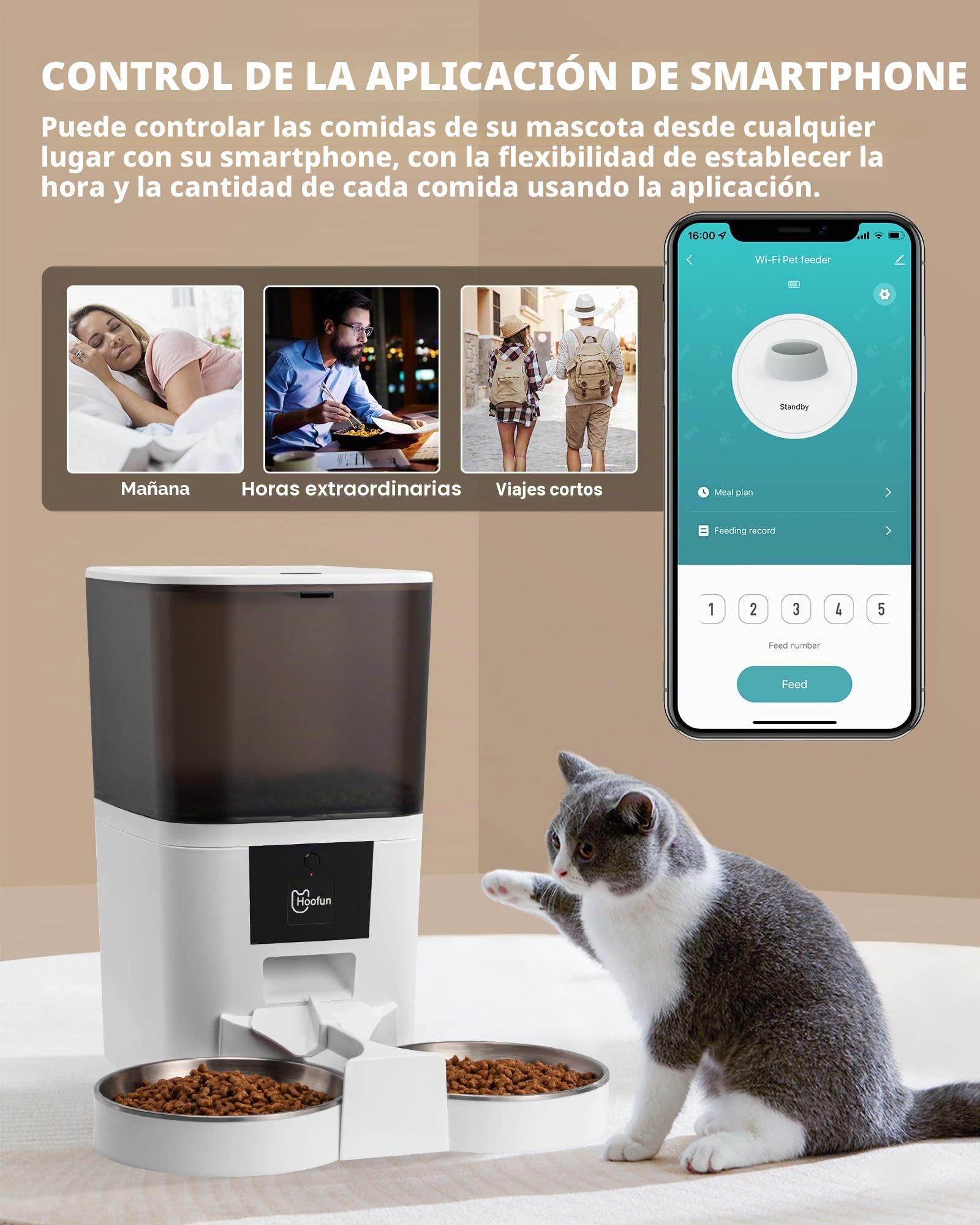 WiFi Comedero automático para Gatos： 6L Dispensador, Alimentador con Control Remoto de Aplicación, Tiempo 1-6 Comidas al día, Control De Porciones