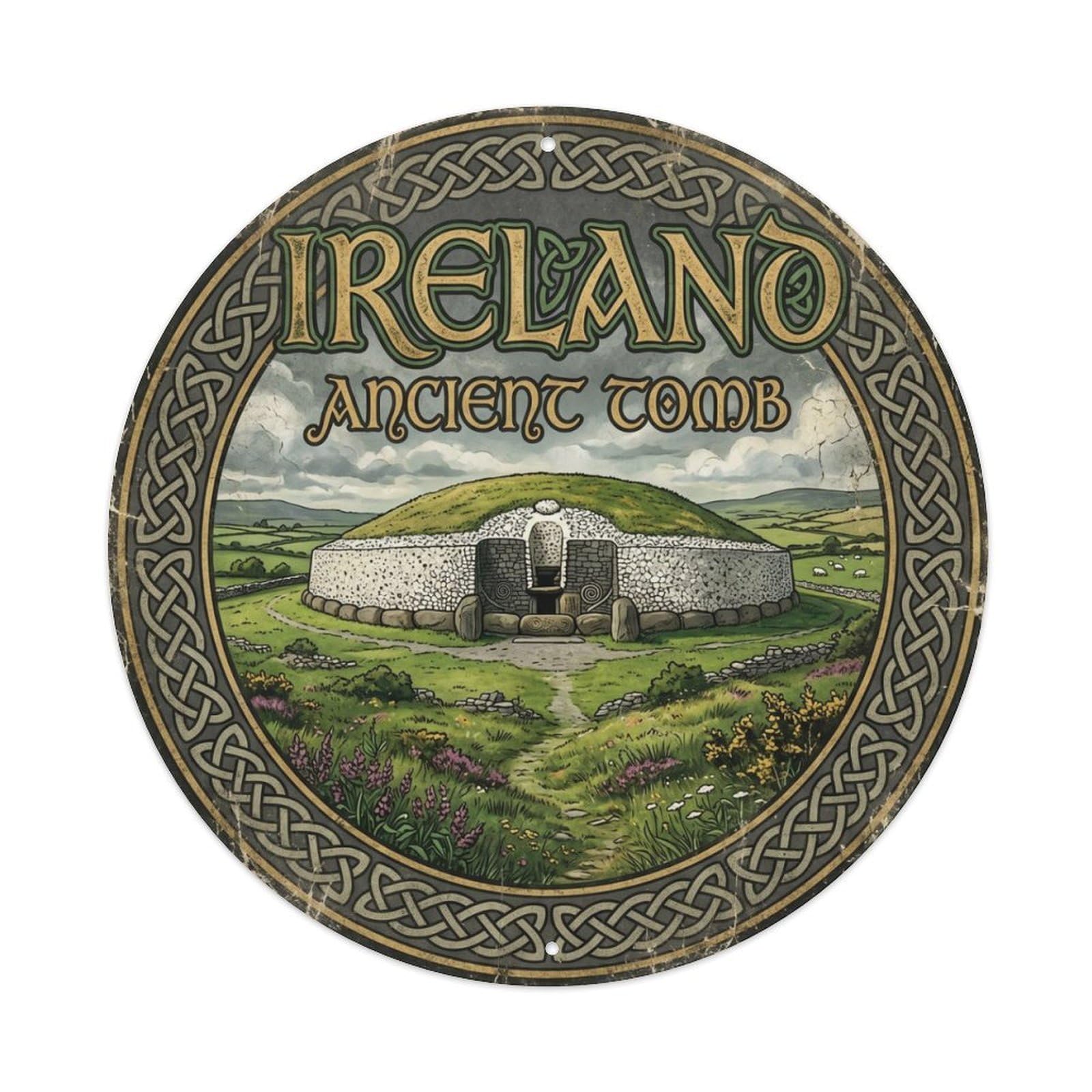 Vintage Travel Newgrange Celtic Tomb Metal Tin Sign Plaque Wall Decor for Cafe, Club, Garden Round Metal Poster 8x8Inch
