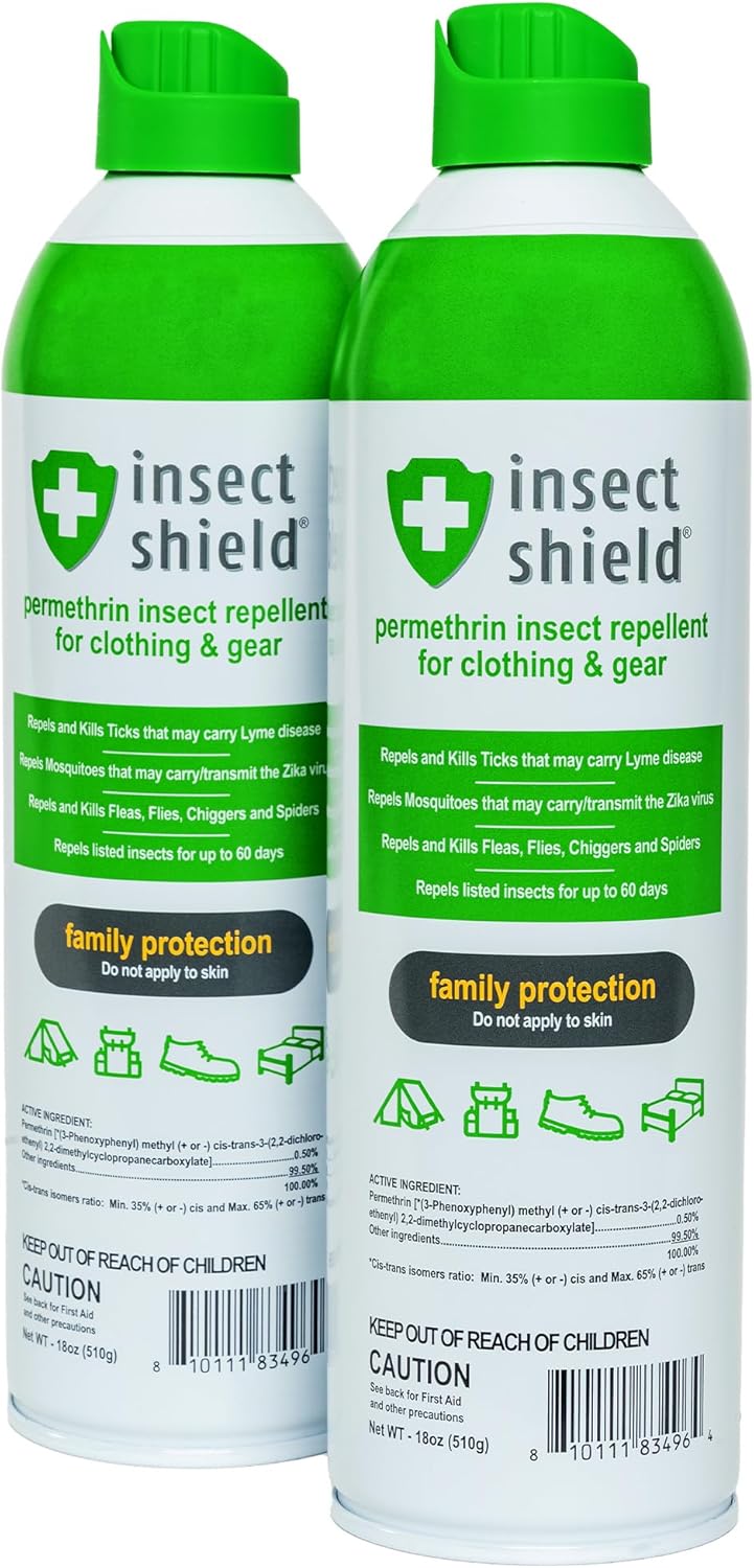 Insect Shield Premium Permethrin Spray - Tick, Flea, Fly, Mosquito, Chigger, Spider & Bed Bug Repellent for Clothing, Gear, Furniture, & Tents, Lasts up to 60 Days, Clear, 18 Oz Aerosol, Pack of 2