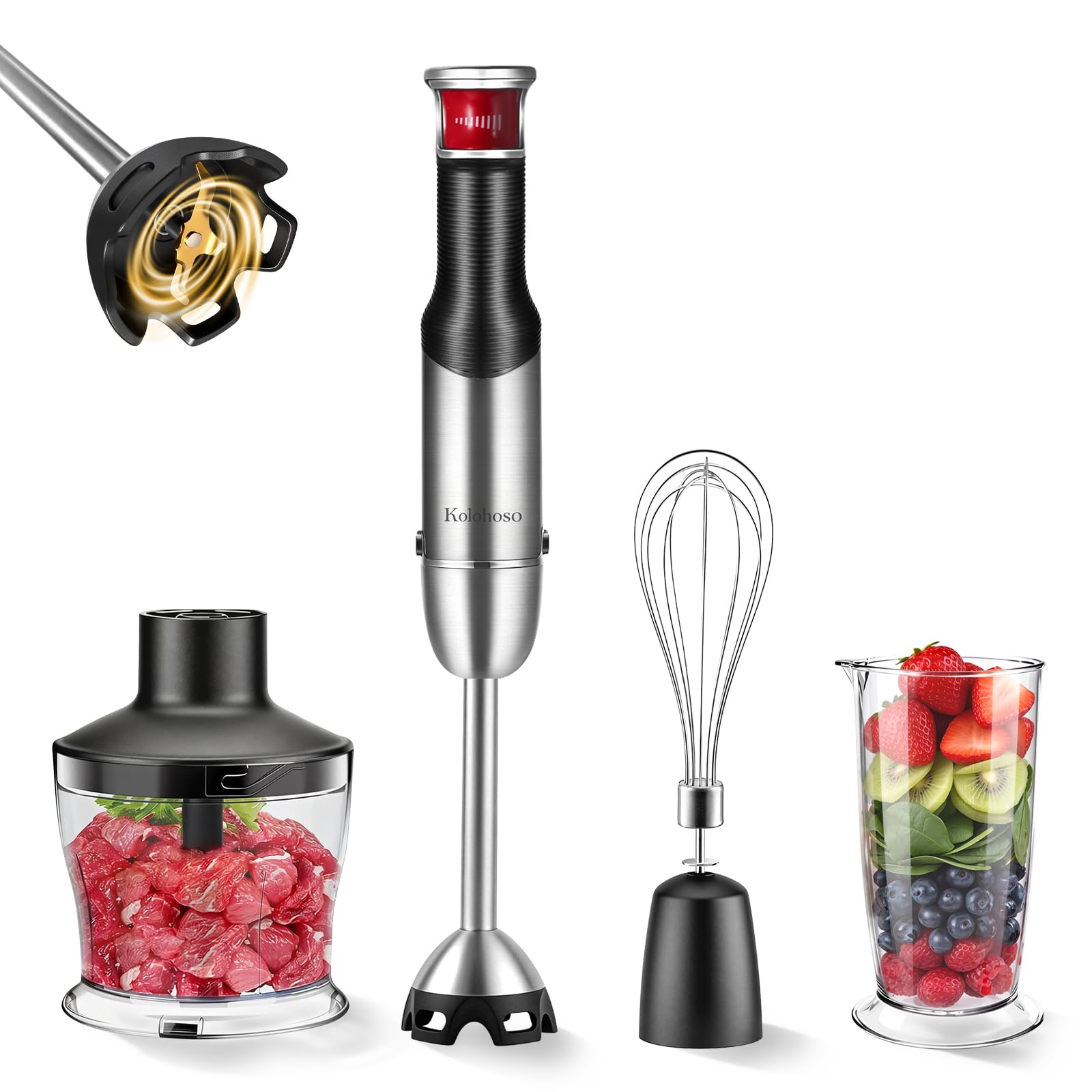 1500W Mixeur Plongeant 4 en 1 à Vitesse Variable et Démarrage Progressif | 4 Lames Plaquées en Titane, Mixer Plongeur avec Fouet, Hachoir et Verre Doseur de 700 ml pour Bébés de Soupes et de Sauces